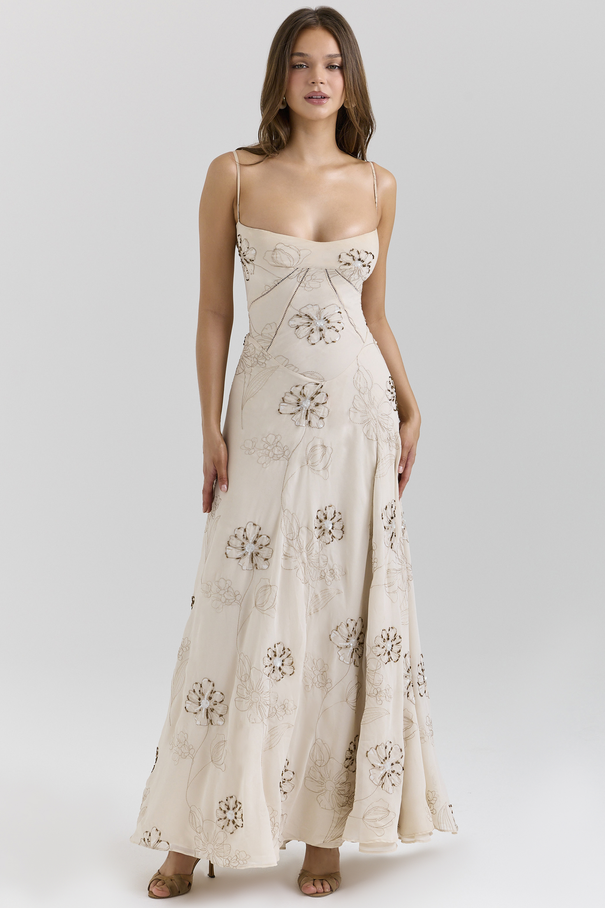 Seren Vanilla Embroidered Hand Beaded Floral Maxi Dress