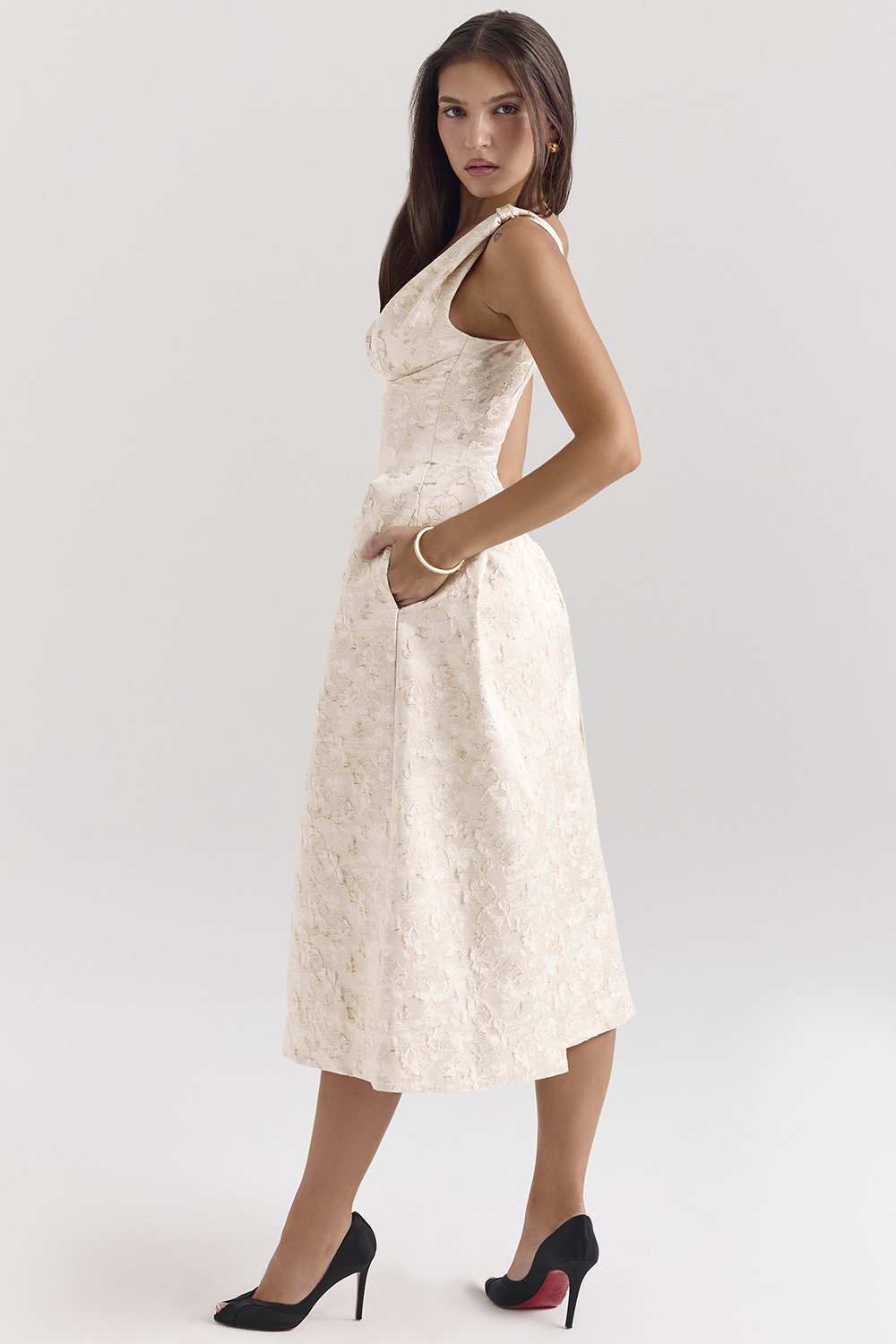 Paloma Ivory Metallic Jacquard Midi Dress - SALE