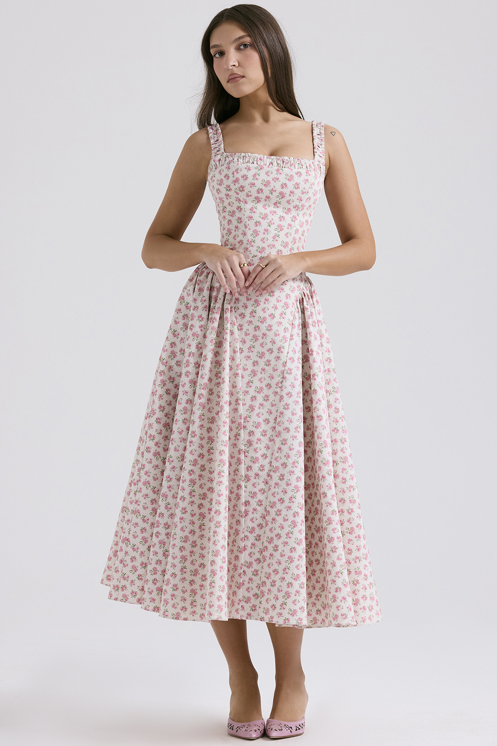 Dorothy White Rosebud Print Cotton Midi Sundress