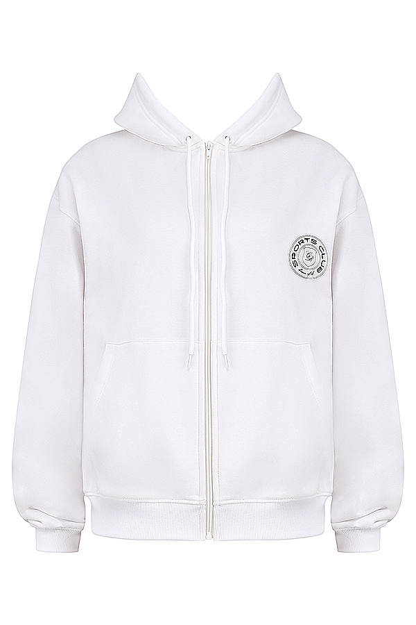 Mirage White Cotton Fleece-Back Zip Through Hoodie