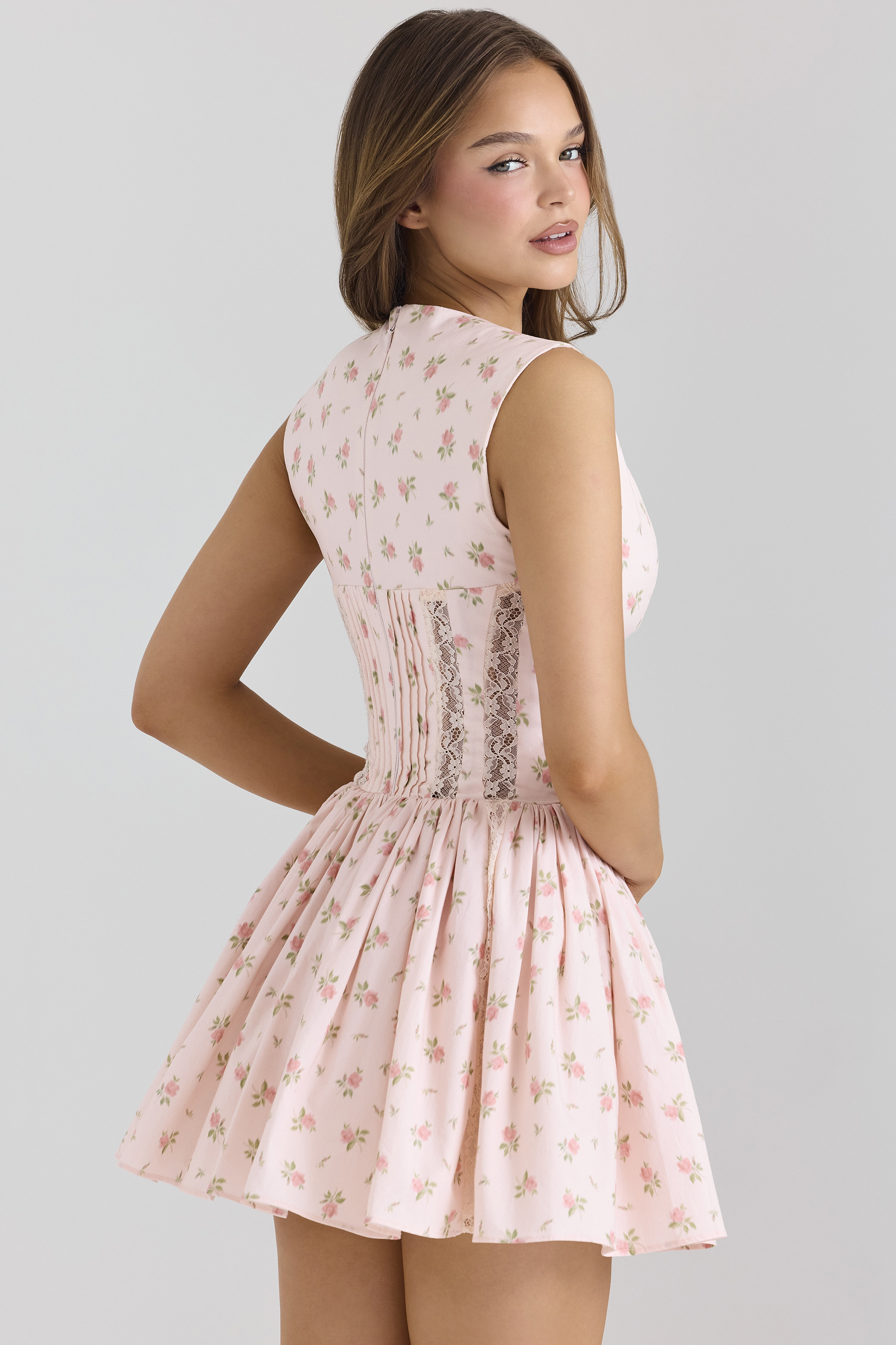 Carmel Pink Stretch Cotton Floral Print Mini Dress