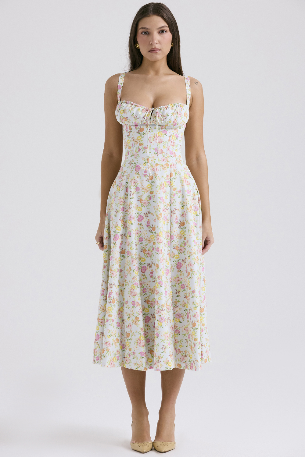 Carmen Pale Blue Meadow Print Cotton Bustier Sundress