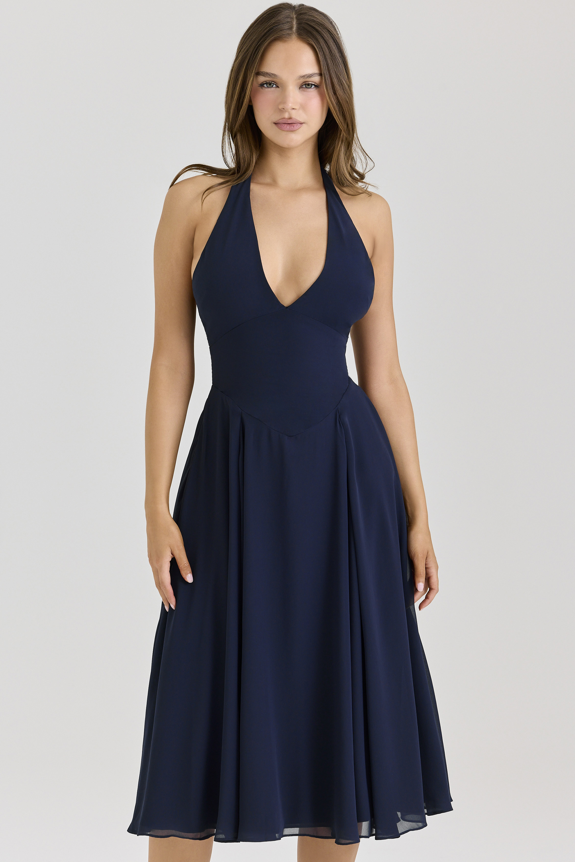 Solada Navy Georgette Halter Midi Dress