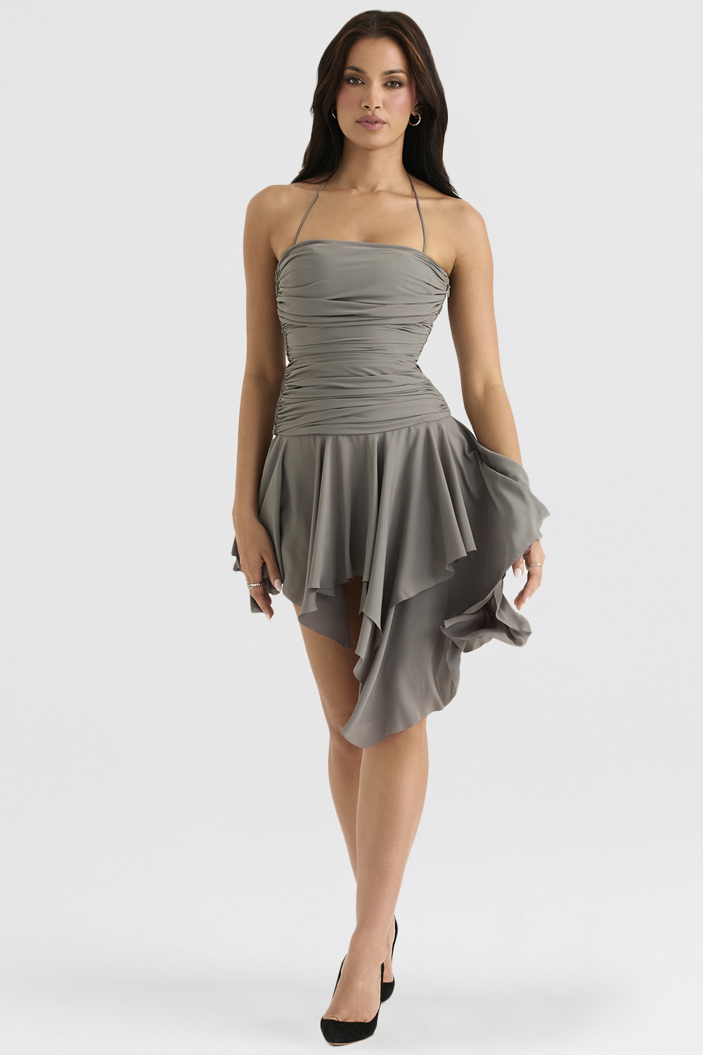 Valeria Smoke Gathered Asymmetric Dress