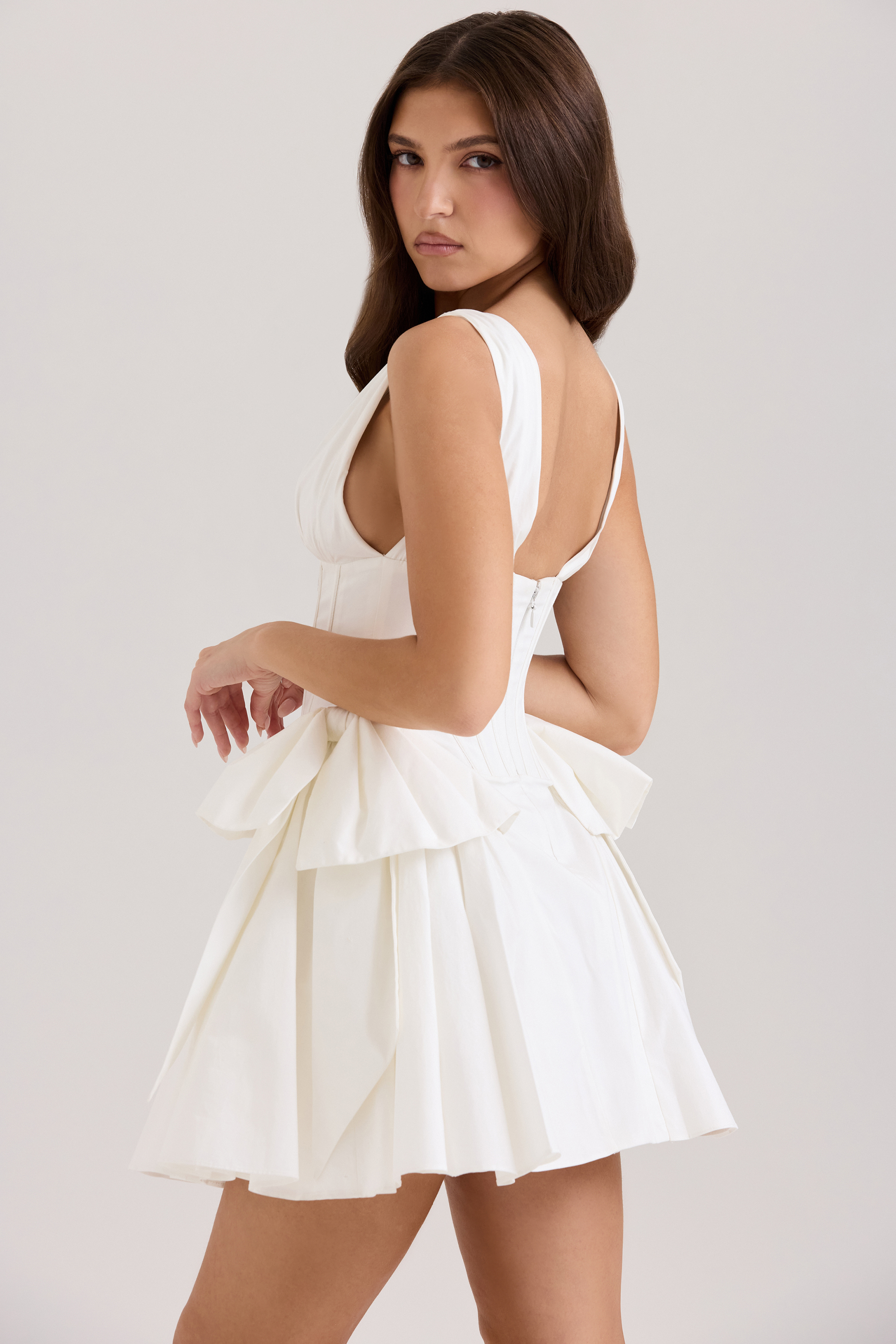Amalia White Stretch Cotton Bow Mini Dress