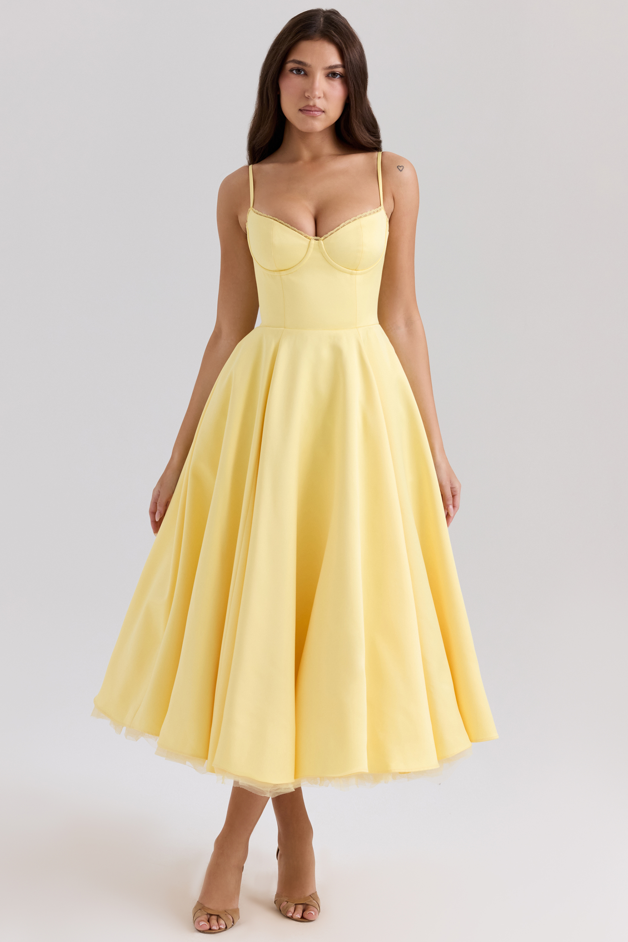 Mademoiselle Sunshine Yellow Satin Tulle Midi Dress