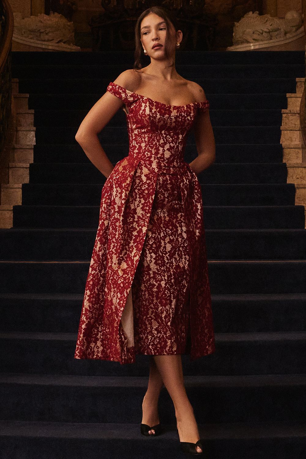 Charming Gold and Berry Lace Midi Off Shoulder Dress