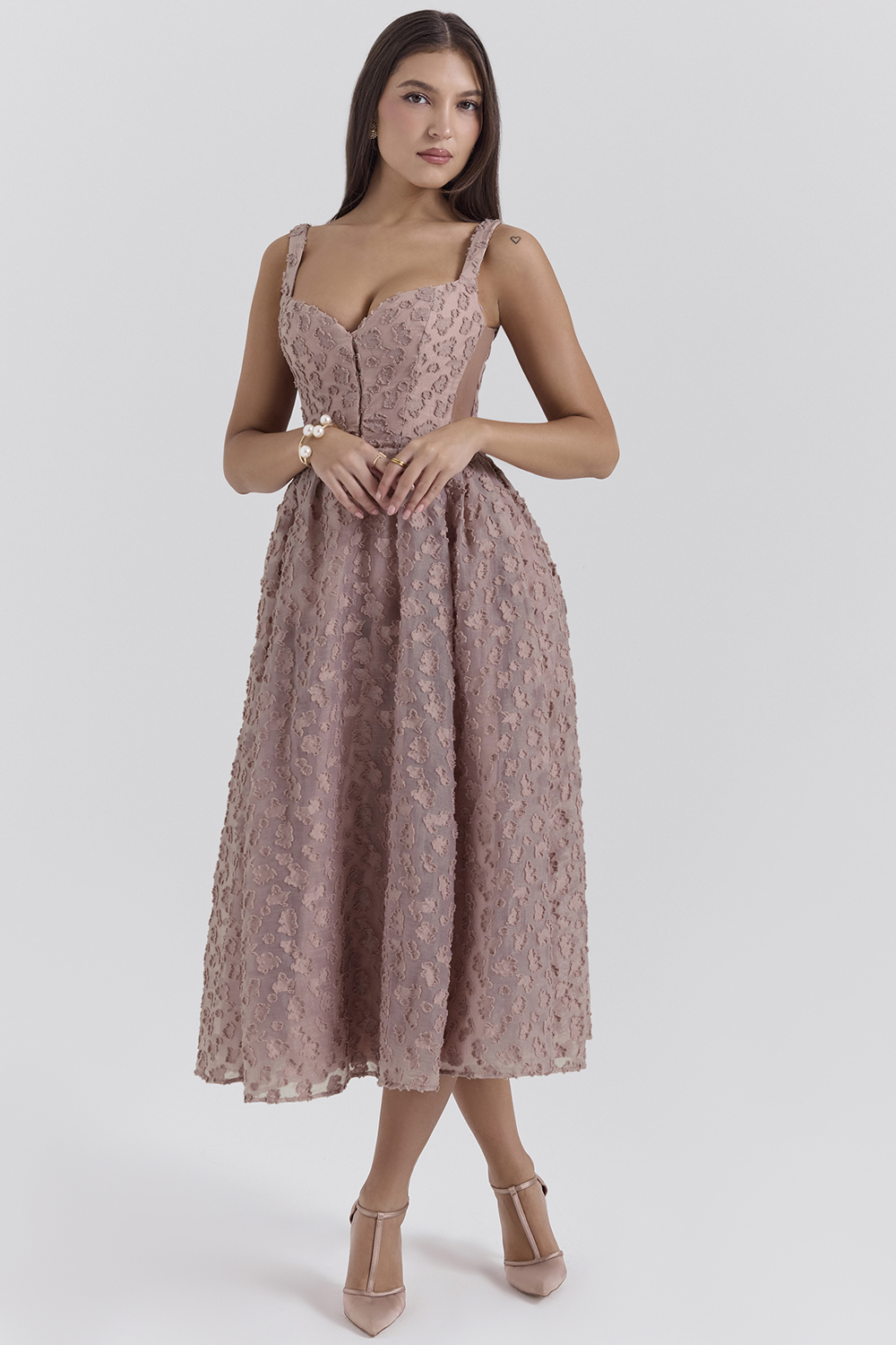 Lovely French Rose Jacquard Sweetheart Neckline Midi Dress - SALE