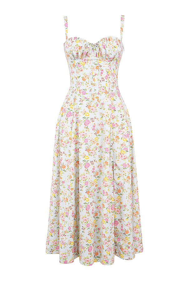 Carmen Pale Blue Meadow Print Cotton Bustier Sundress