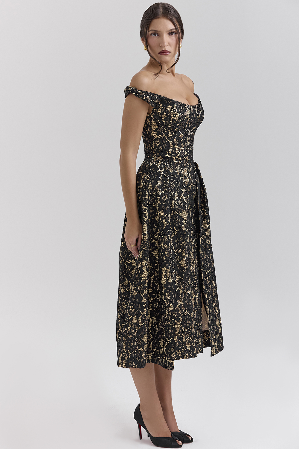 Charming Black Gold Lace Off Shoulder Midi Gown