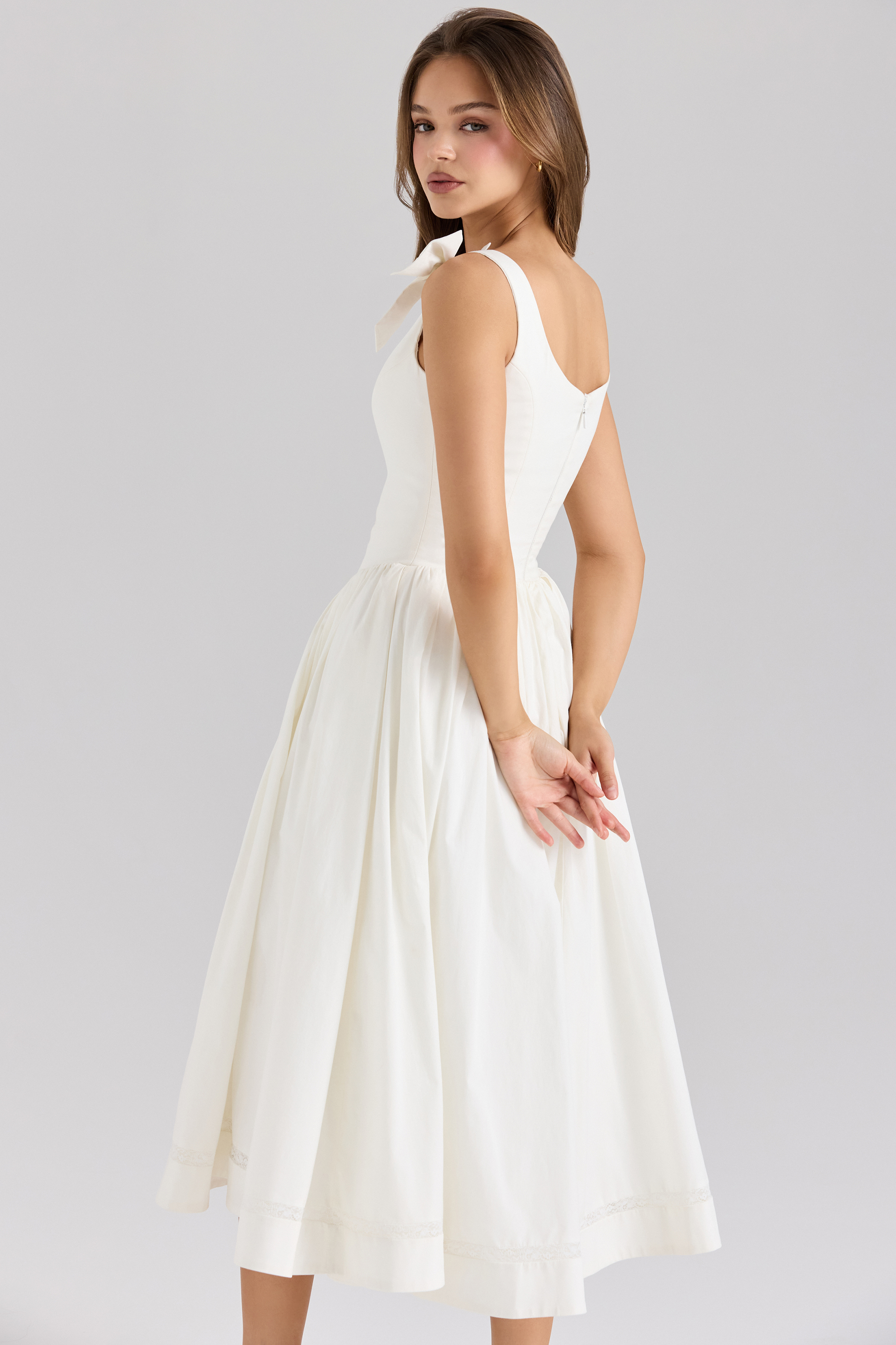Lillia White Stretch Cotton Bow Midi Dress