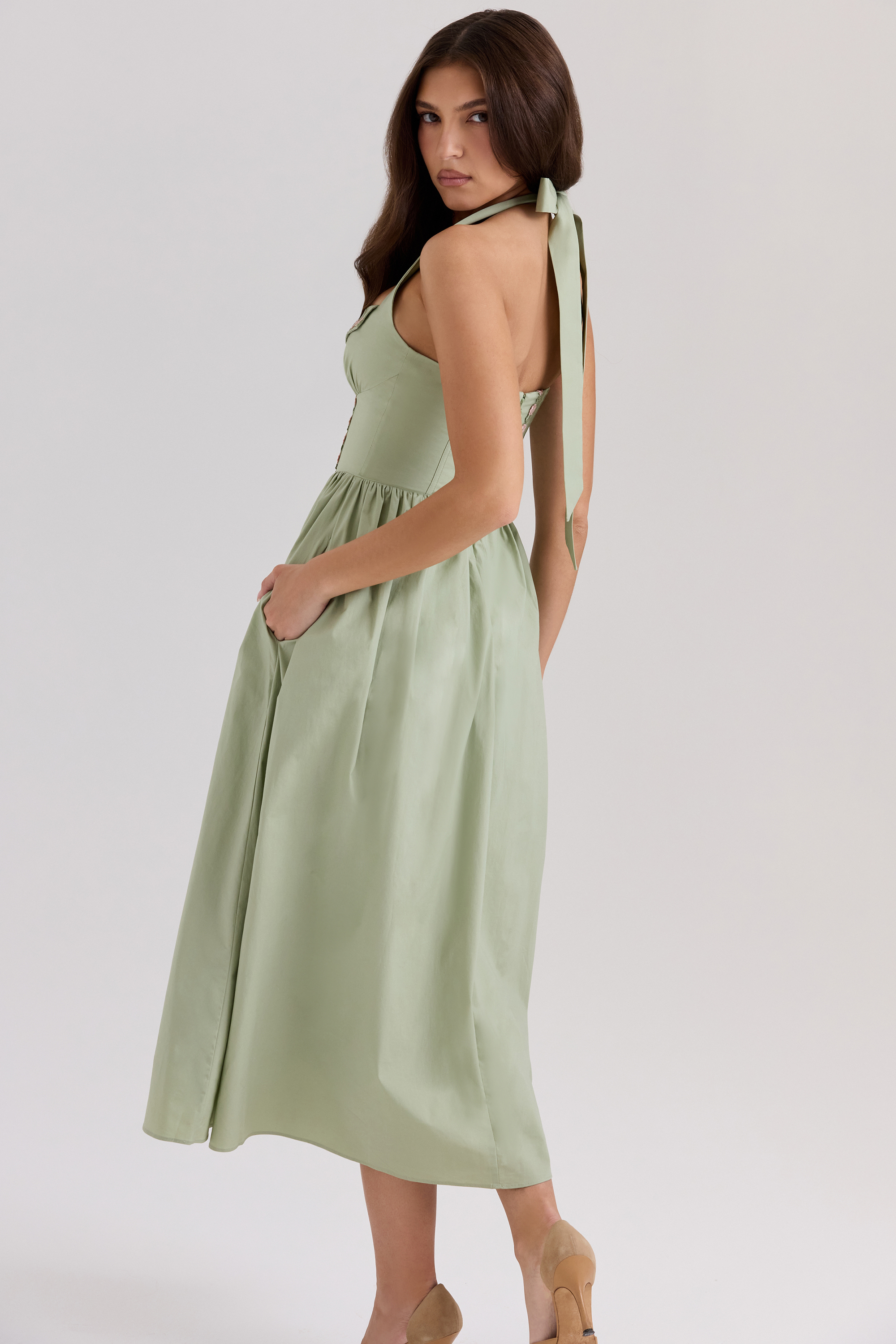 Emilia Sage Stretch Cotton Halter Neck Midi Dress