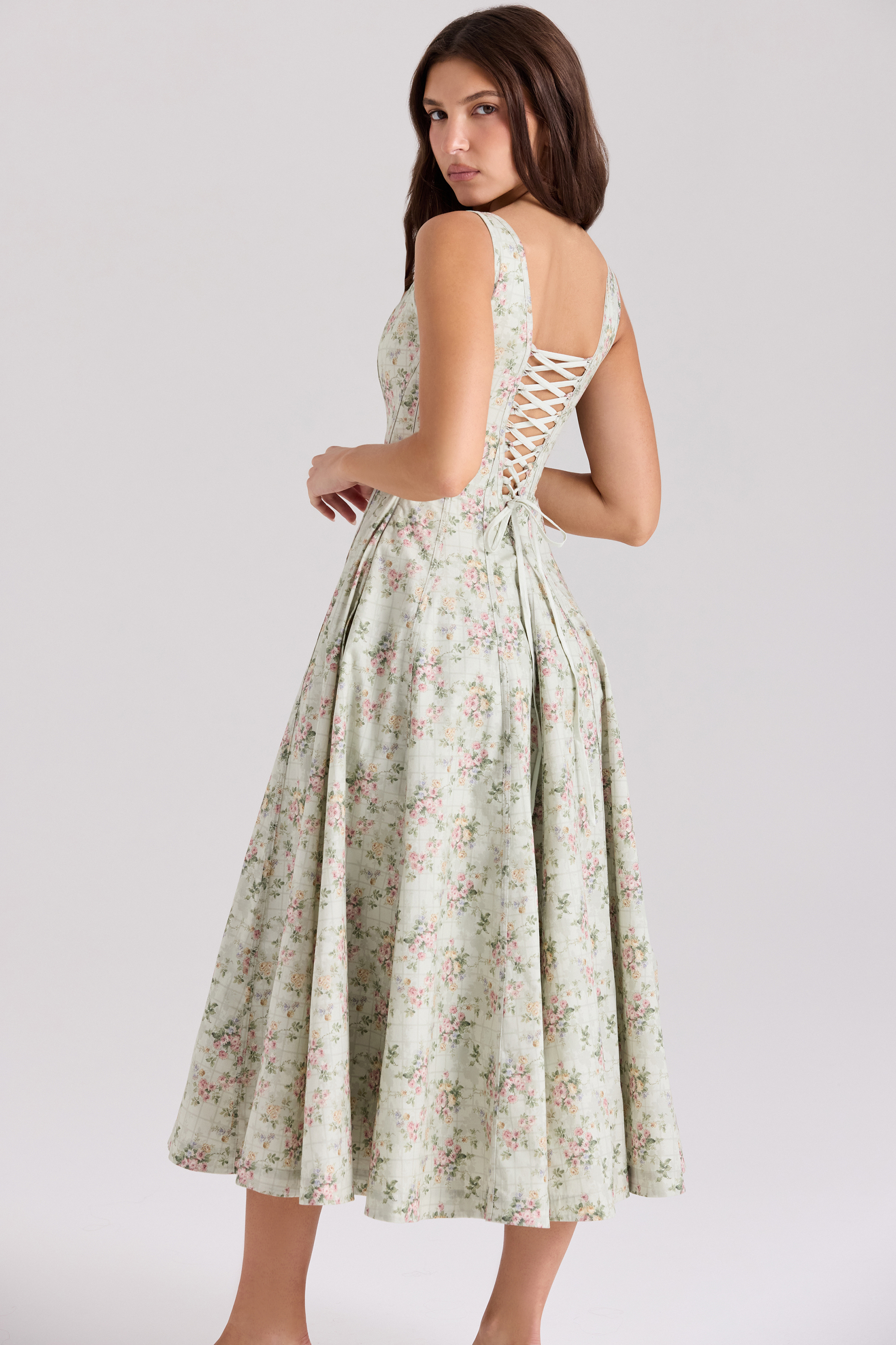 Mariabella Sage Floral Print Cotton Midi Dress