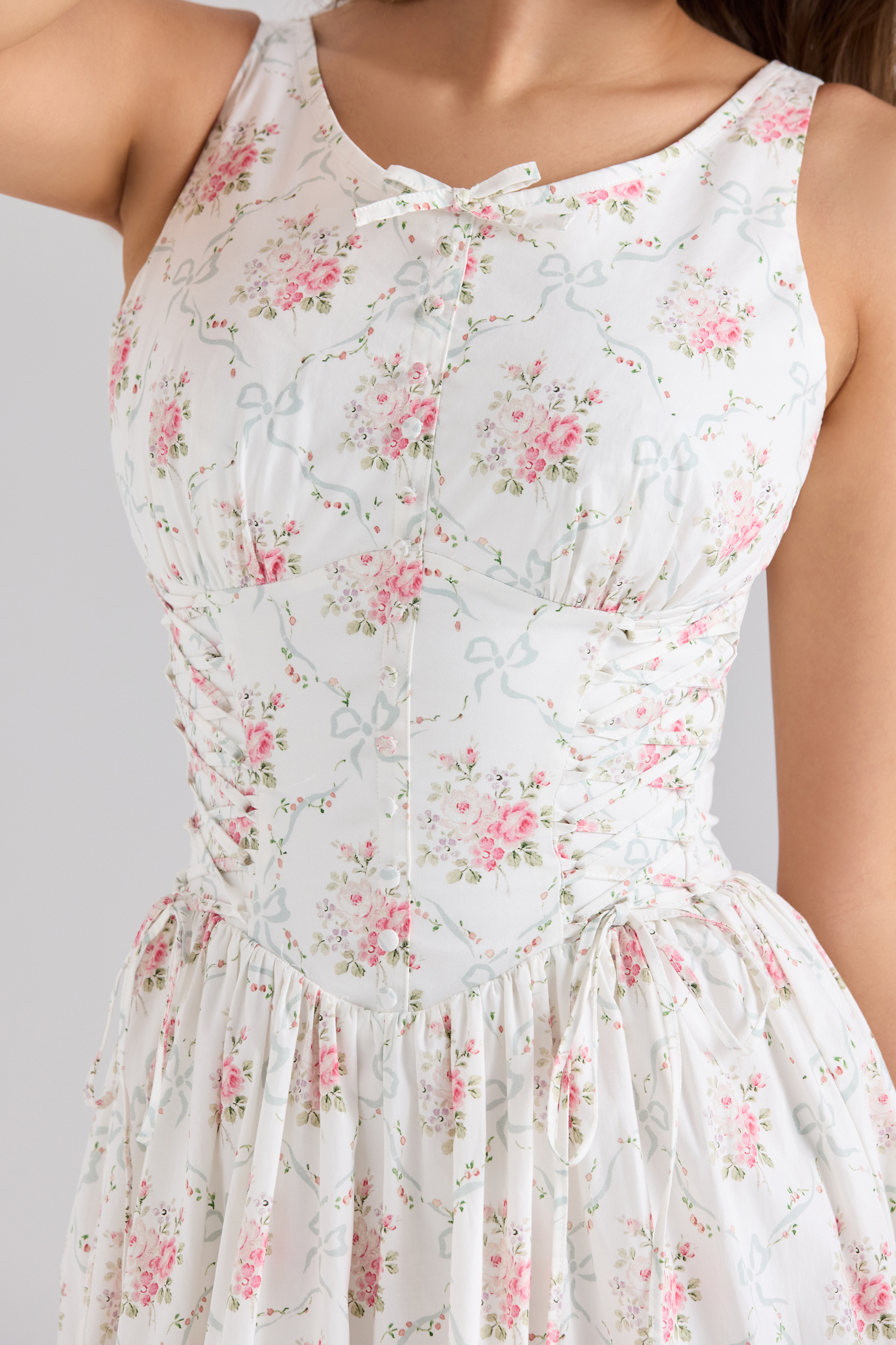 Sienna Rose Print Stretch Cotton Lace Up Midi Dress