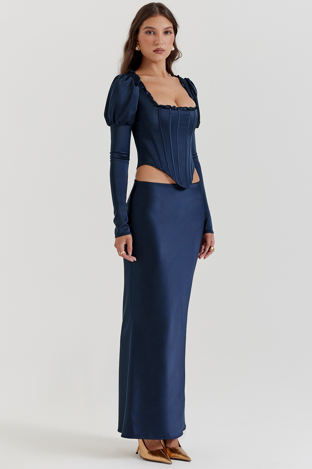 Charlene Navy Satin Bias Cut Maxi Skirt