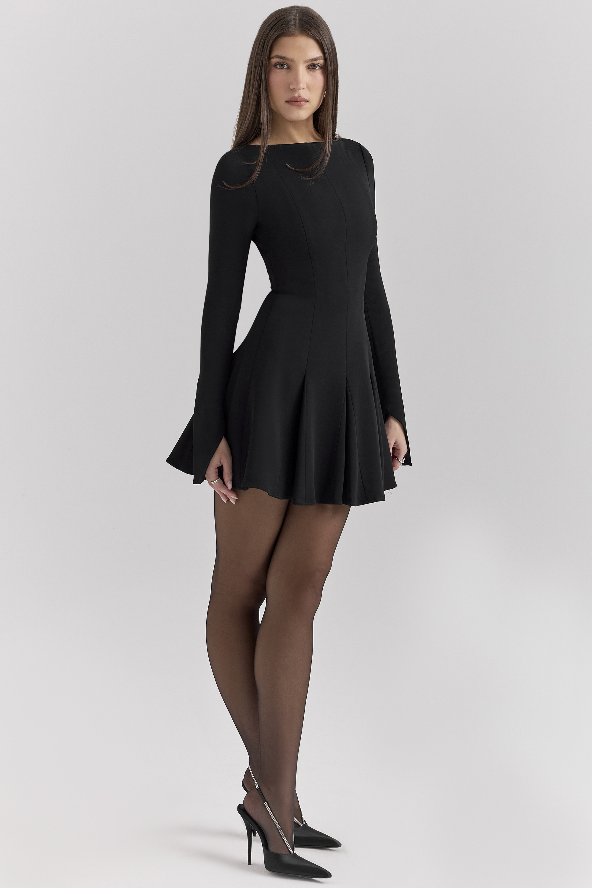 Francesca Black Stretch Crepe Godet Mini Dress