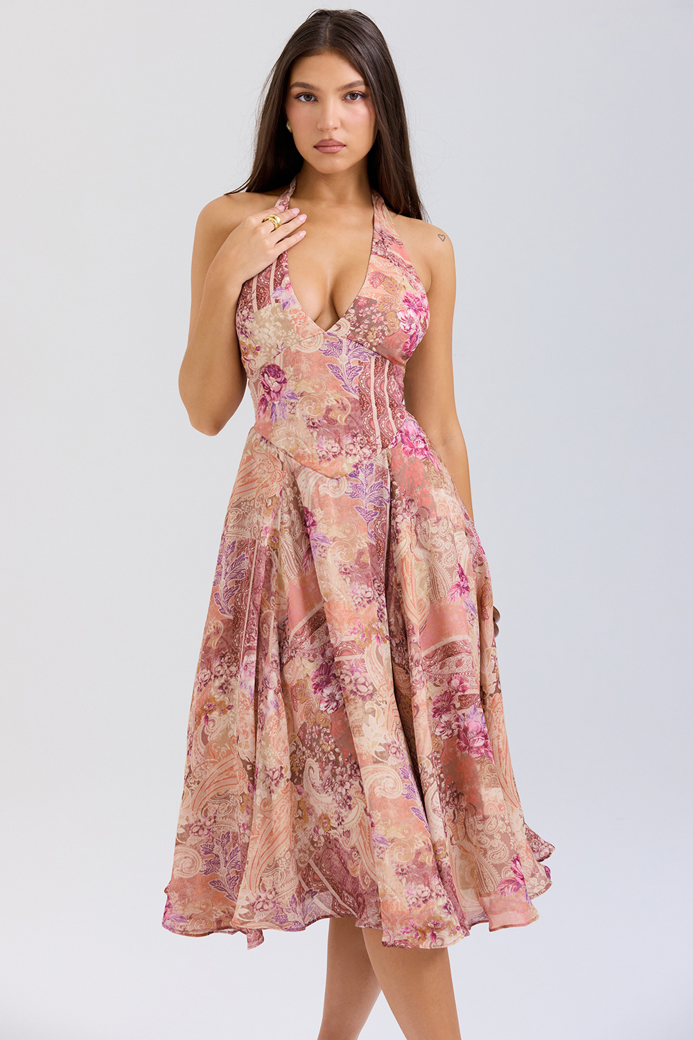 Solada Paisley Patchwork Print Georgette Halter Sundress