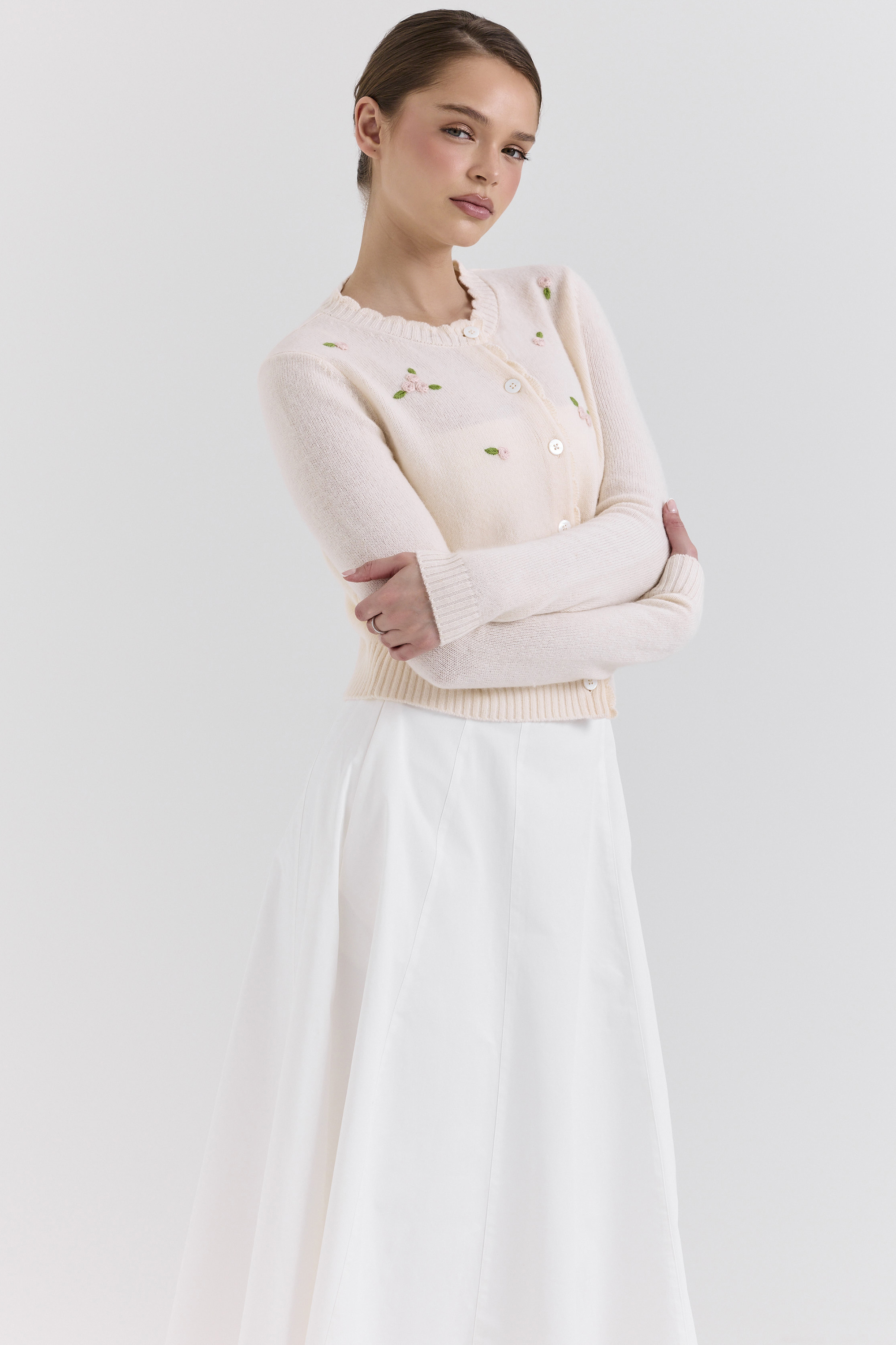 Anjou Cream Lambswool Rose Embroidered Cardigan