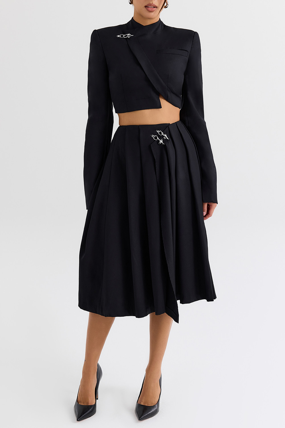 Mistress Rocks Black Pleated Wrap Front Midi Skirt - SALE