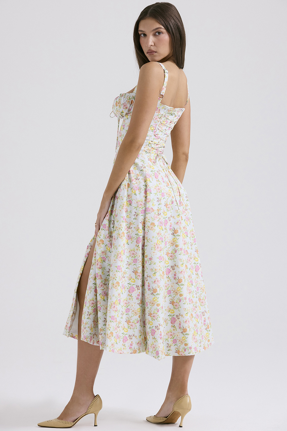 Carmen Pale Blue Meadow Print Cotton Bustier Sundress