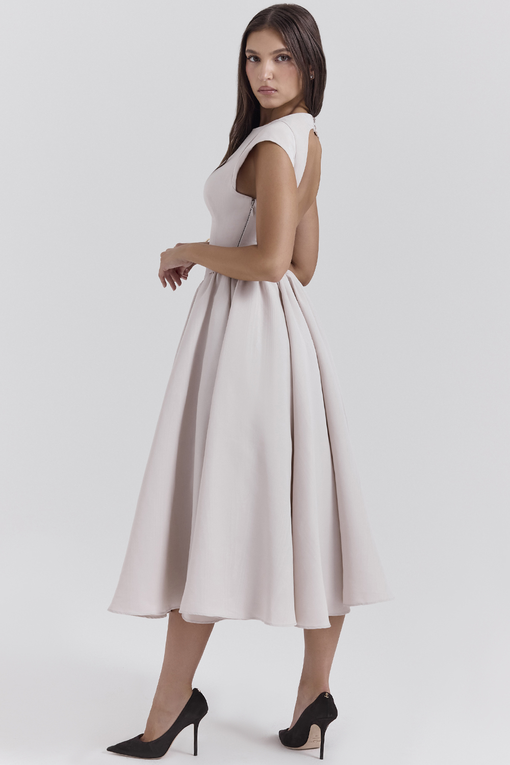 Debutante French Dove Moire Satin Backless Midi Dress