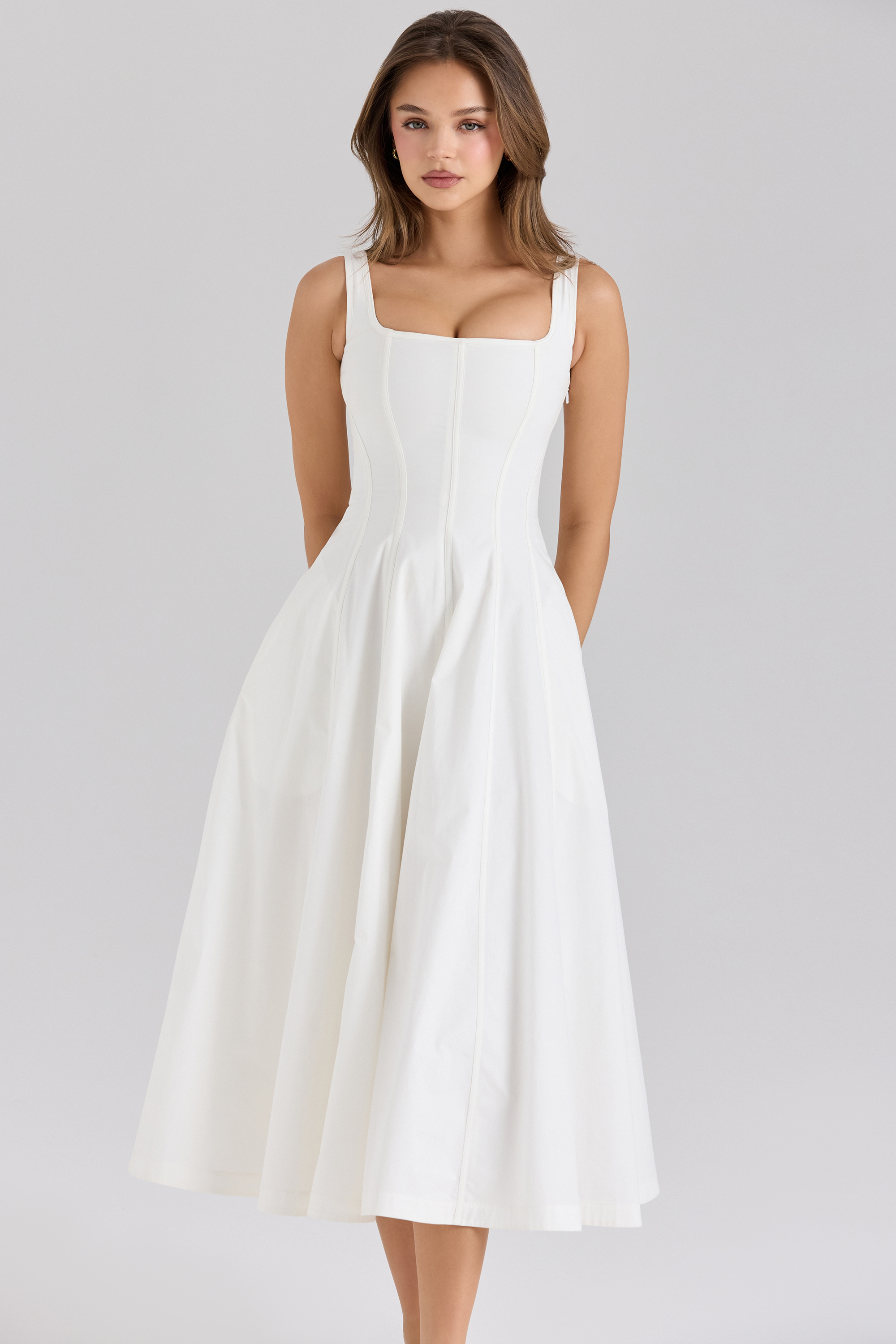 Mariabella White Stretch Cotton Midi Sundress