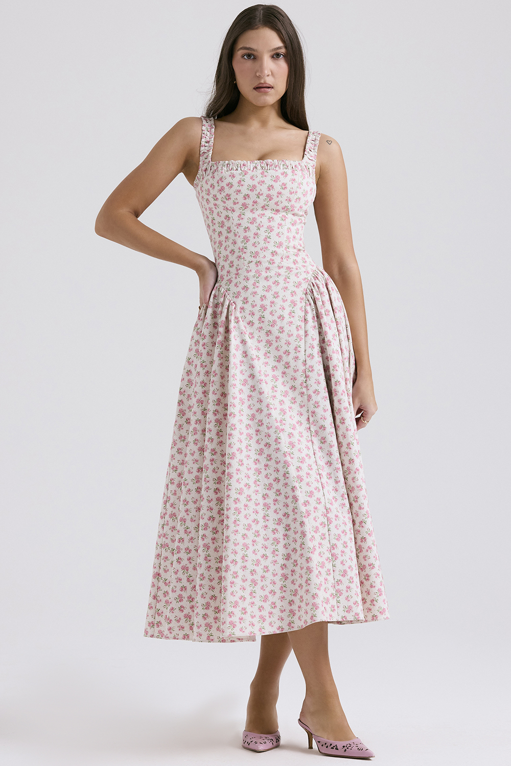 Dorothy White Rosebud Print Cotton Midi Sundress