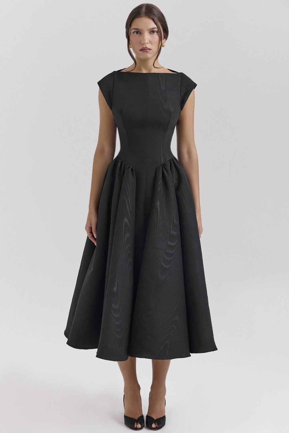 Debutante Black Moire Satin Backless Midi Dress