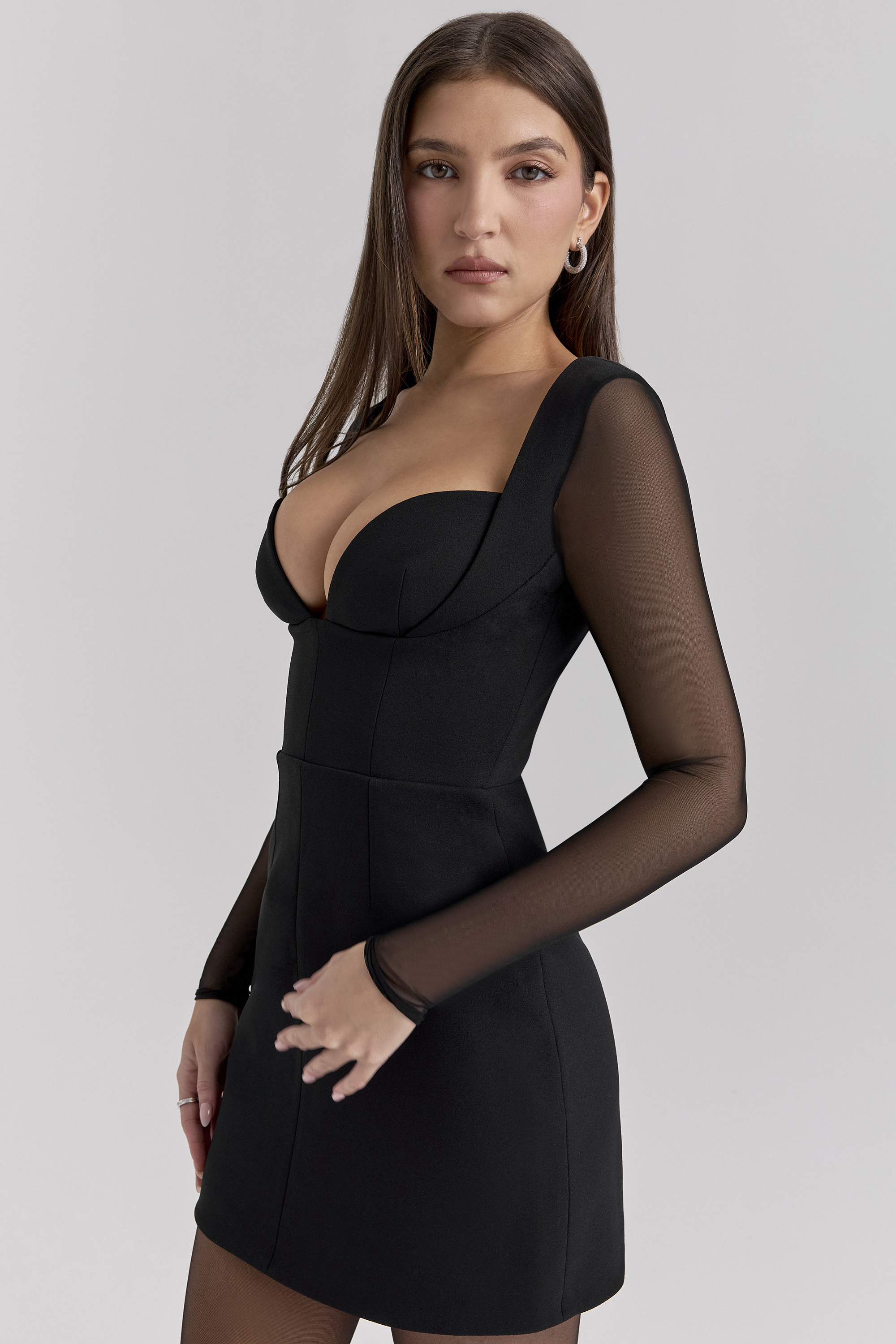 Angelie Black Stretch Crepe Plunge Mini Dress