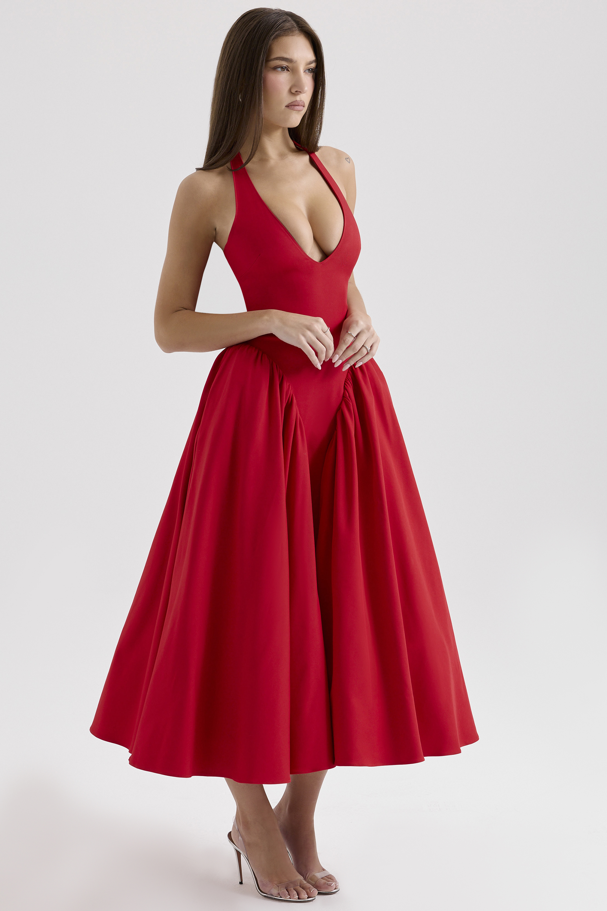 Marilyn Red Twill Halter Midi Dress