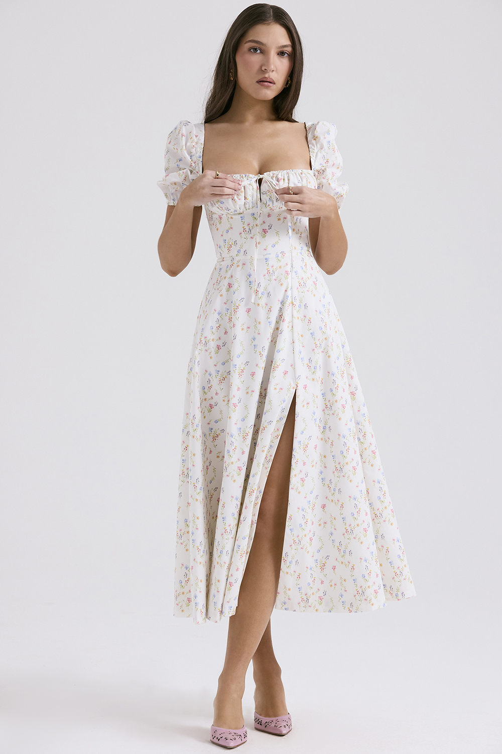 Tallulah White Posy Print Cotton Puff Sleeve Midi Sundress