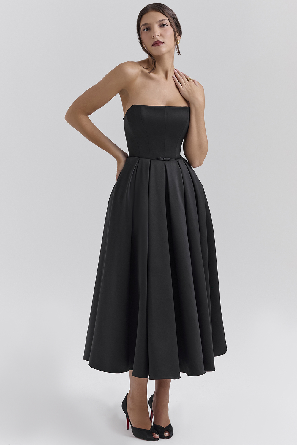 Contessa Black Strapless Satin Corset Midi Dress - SALE