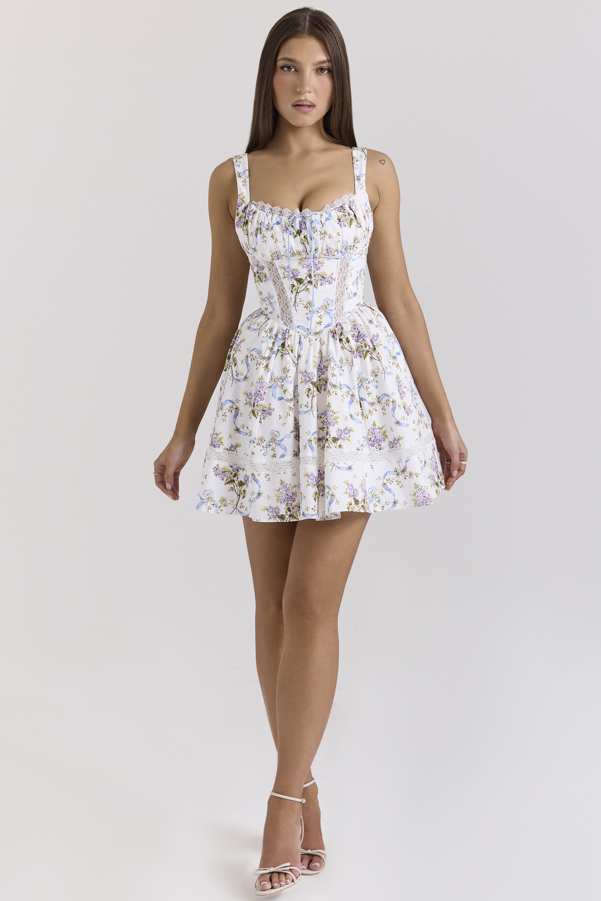 Kimmie White Floral Ribbon Print Cotton Mini Dress