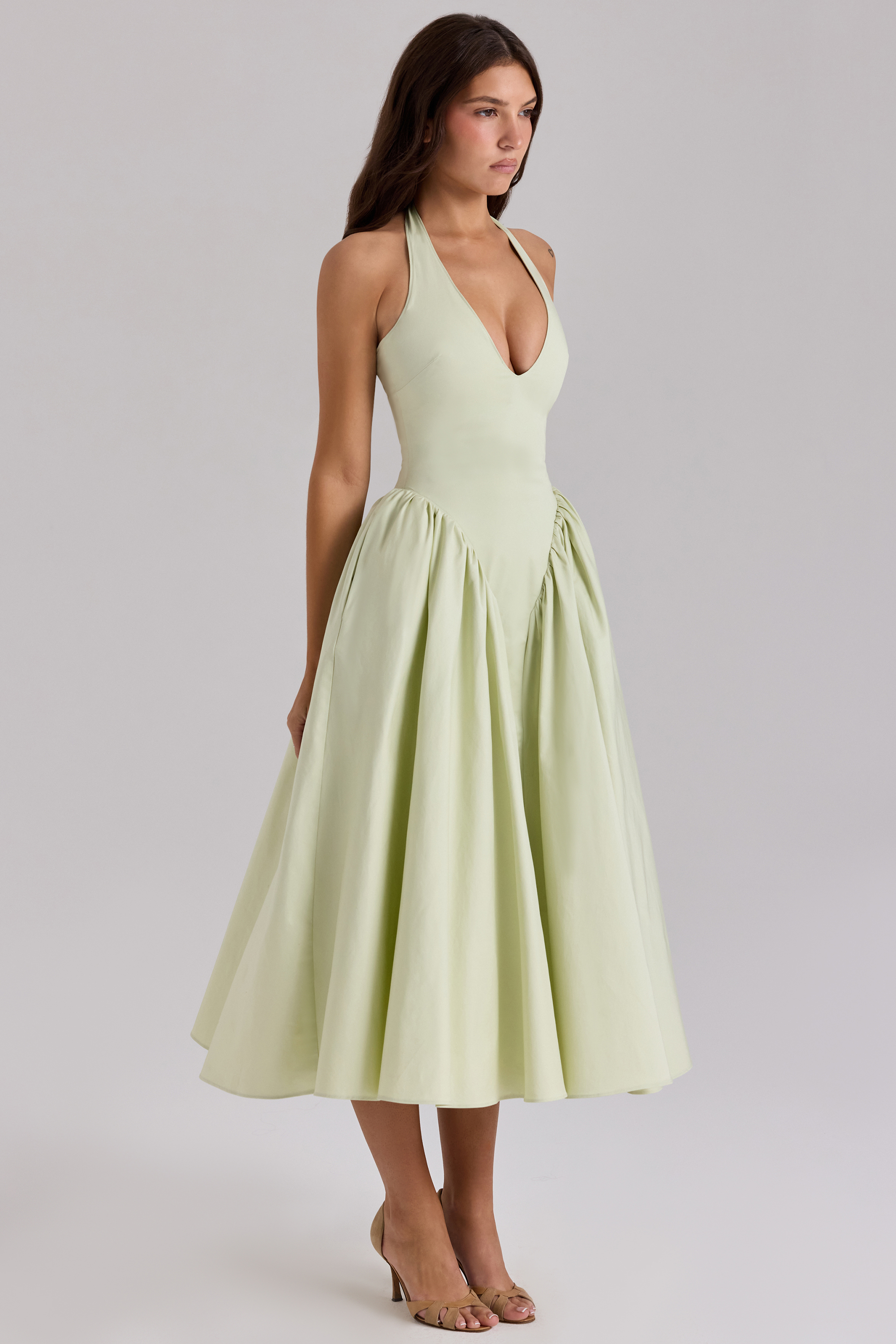 Marilyn Pistachio Cotton Halter Midi Sundress