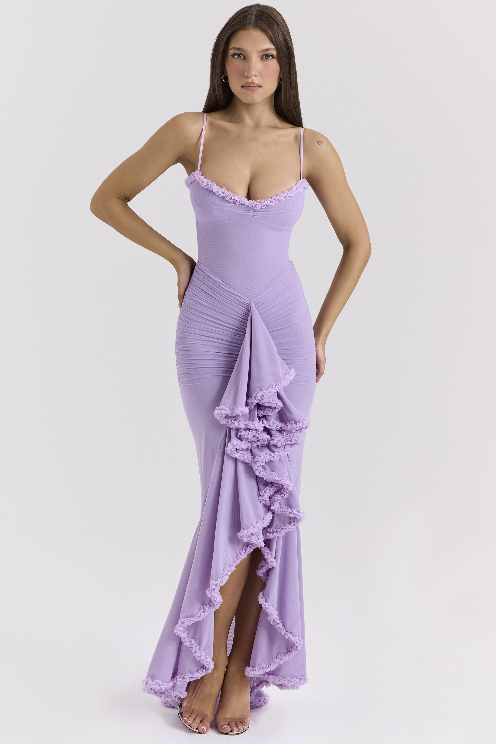 Gabbi Orchid Mesh Ruffled Front Gown