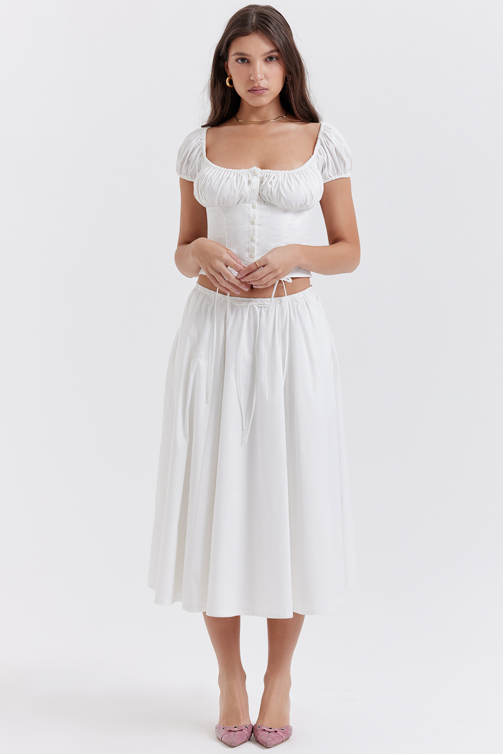 Cora White Gathered Midi Skirt