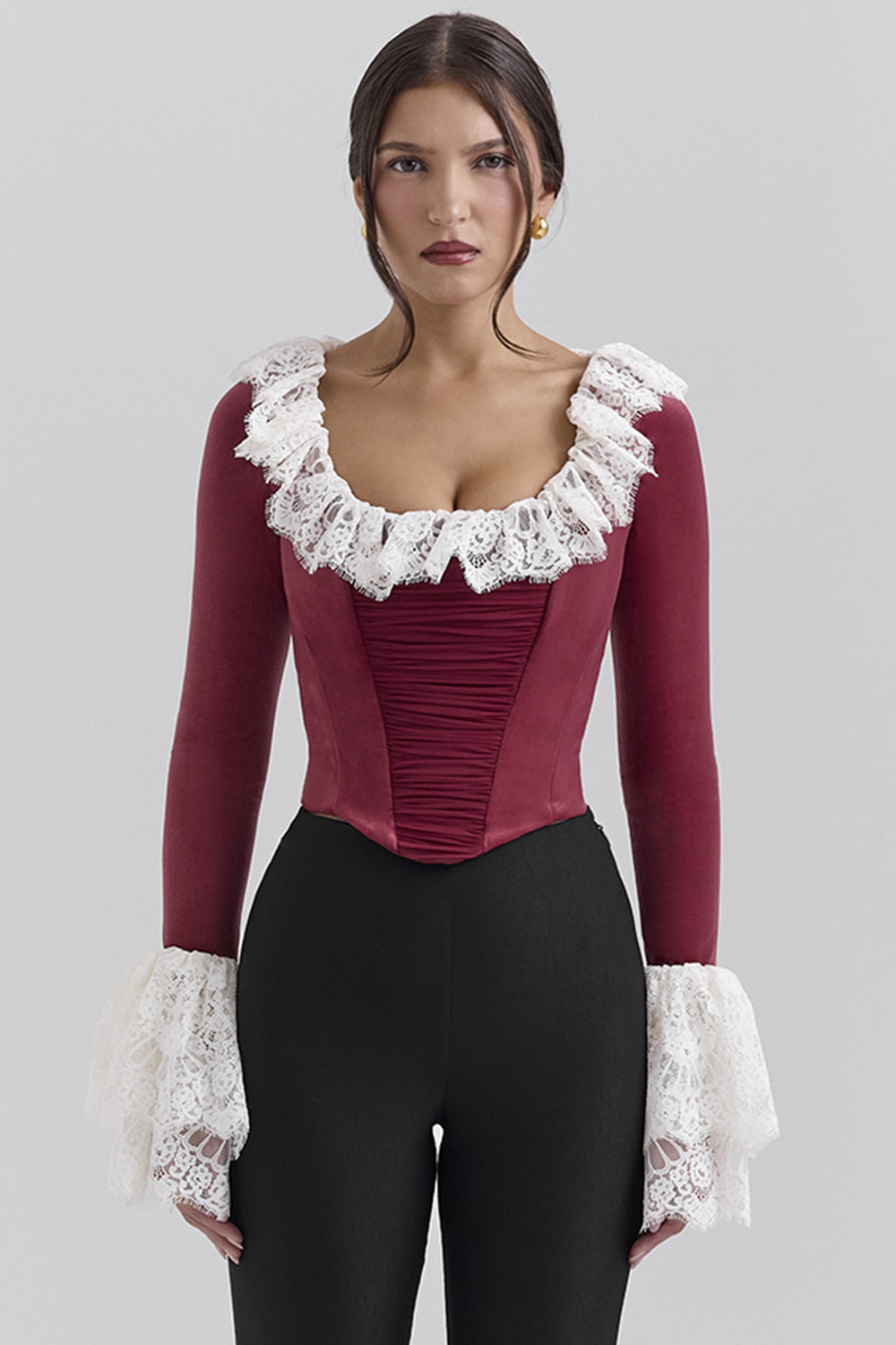 Jacinda Cabernet Velvet Lace Trimmed Corset Top - SALE