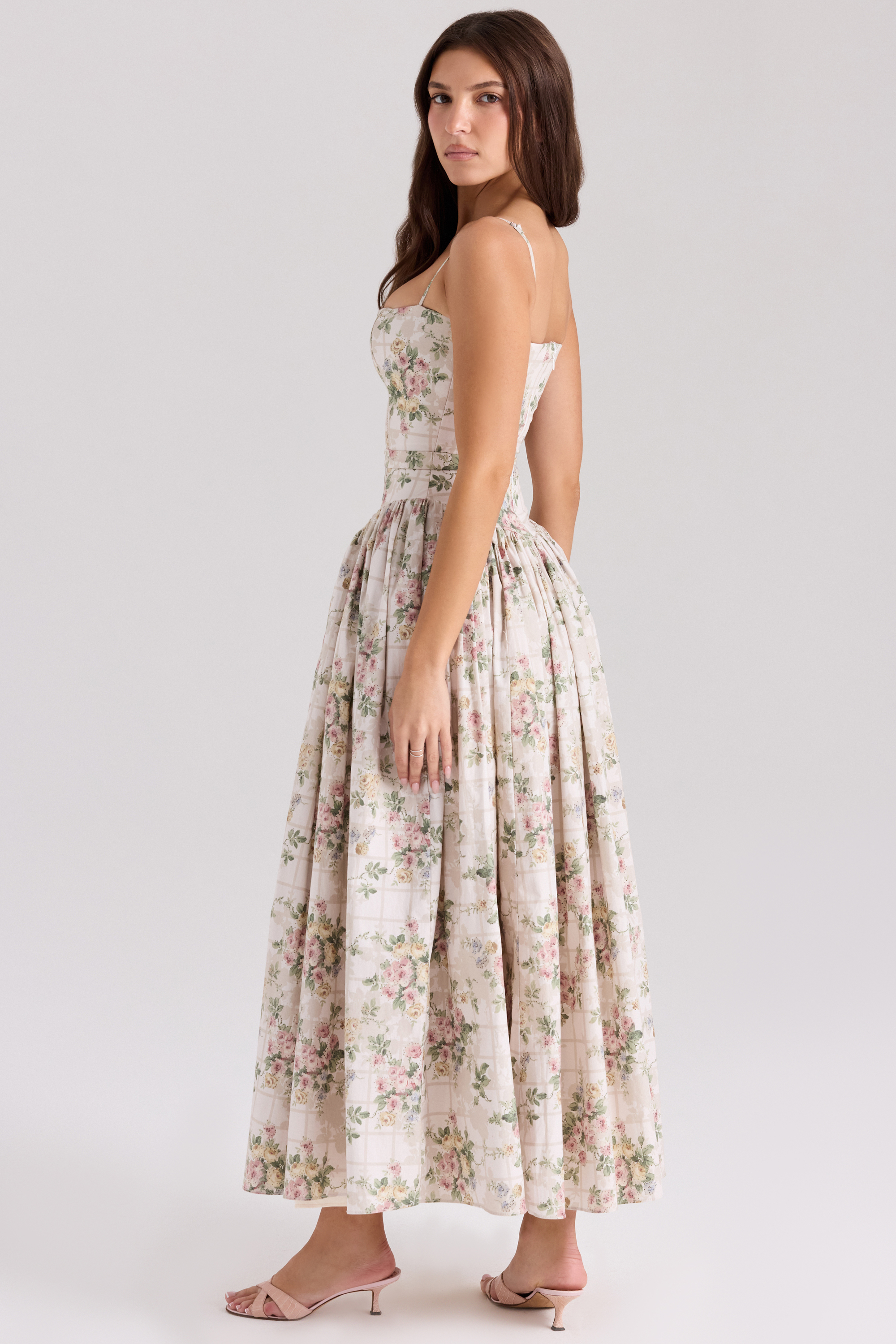 Ysabella Cream Floral Print Cotton Midi Sundress