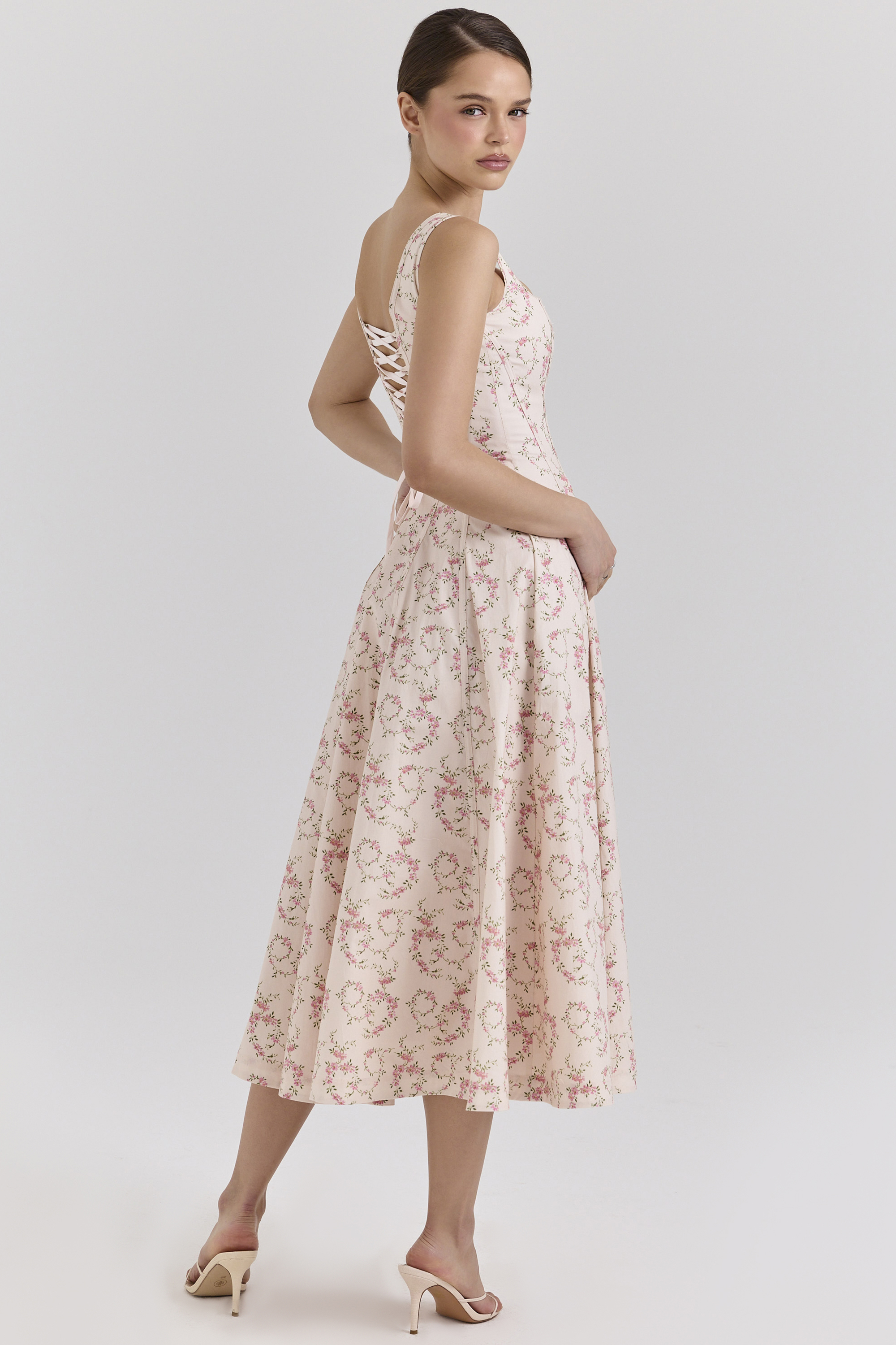 Mariabella Cream Floral Print Cotton Midi Sun Dress