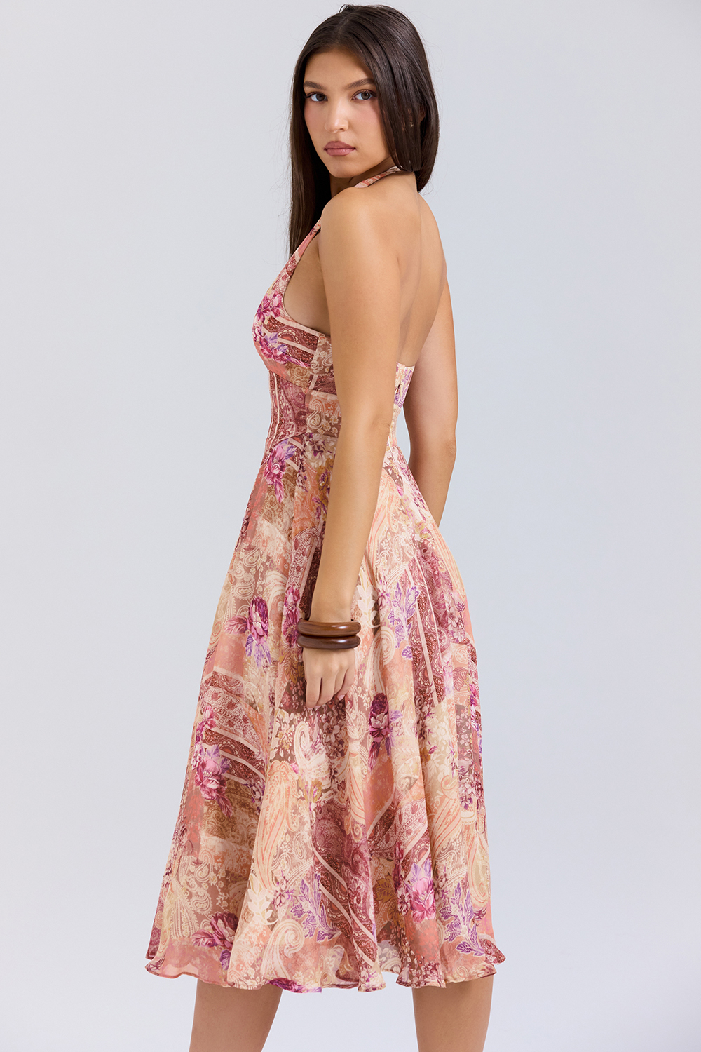 Solada Paisley Patchwork Print Georgette Halter Sundress