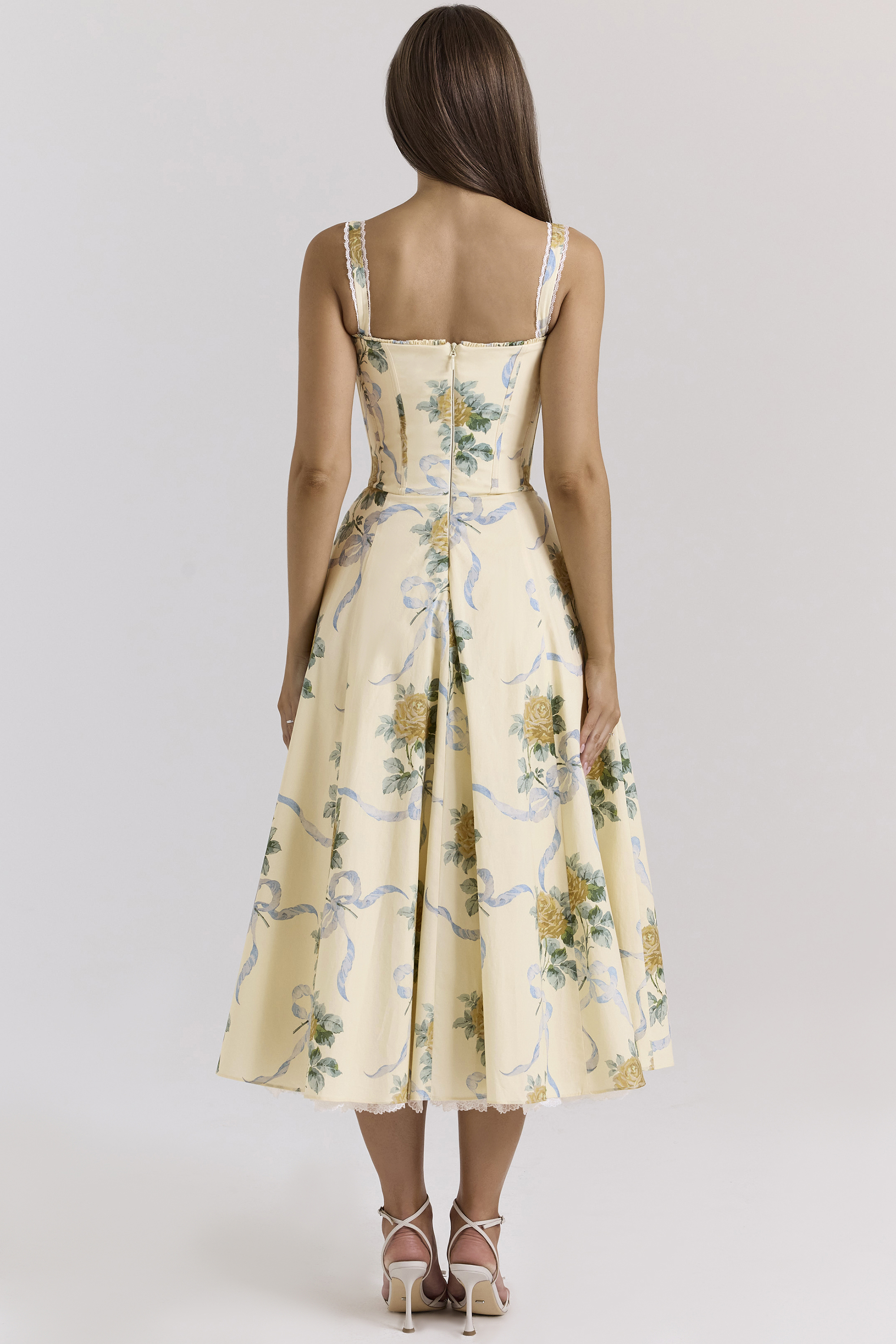 Rosalee Lemon Vintage Ribbon Print Cotton Midi Dress