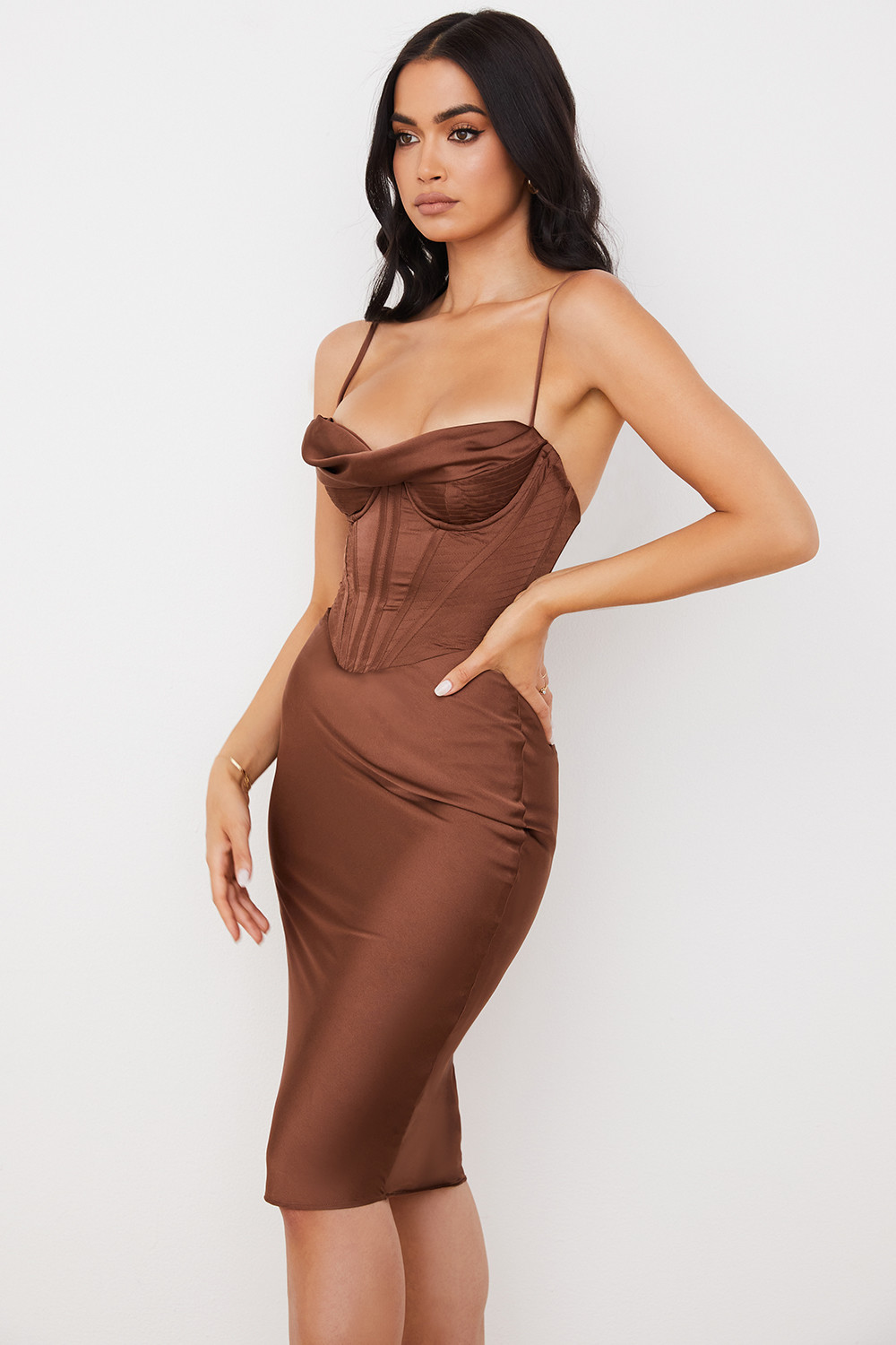 Myrna Chocolate Satin Corset Slip Dress