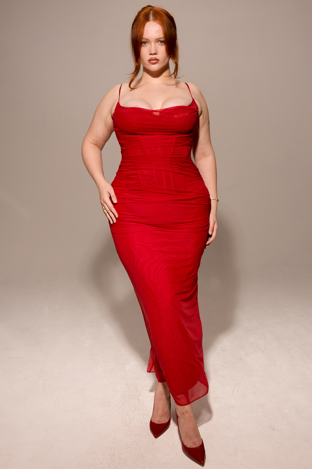 Nalini Holly Red Stretch Mesh Corset Maxi Dress