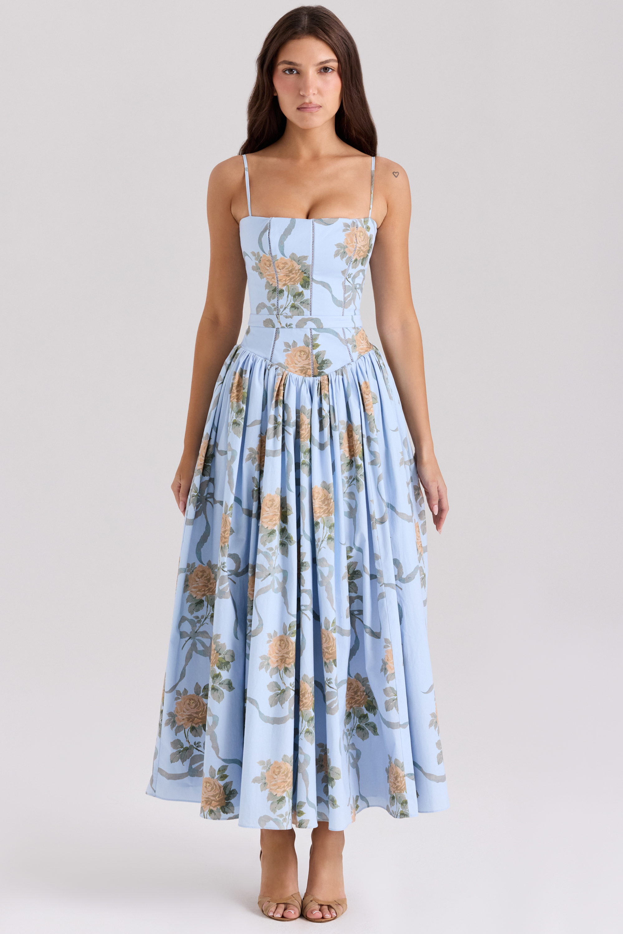 Ysabella Blue Vintage Rose Print Cotton Midi Sundress