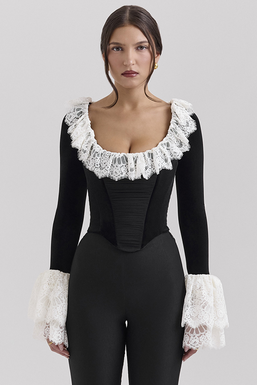 Jacinda Black Velvet Lace Trimmed Corset Top - SALE