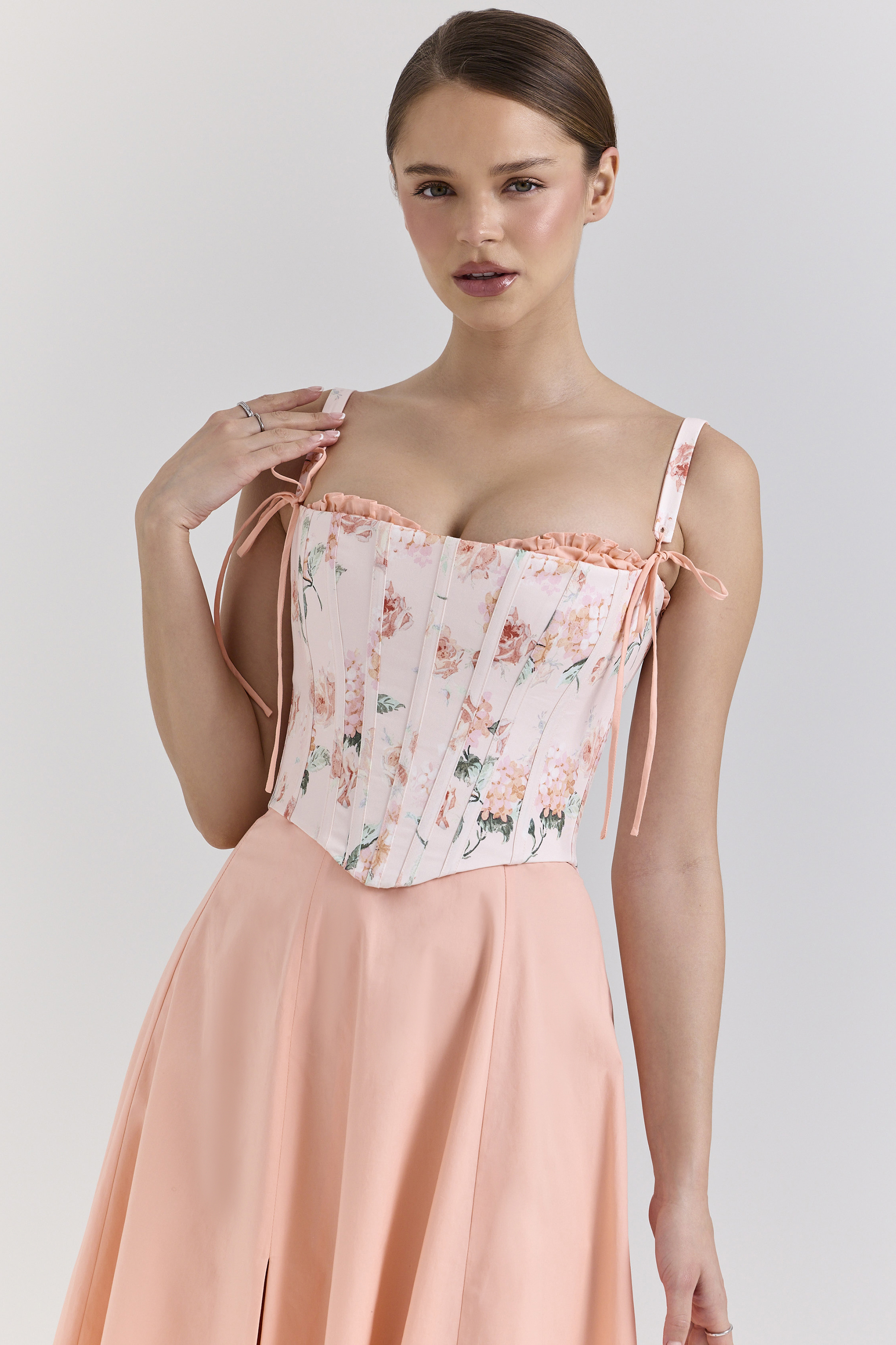 Clarabelle Peach Cotton Detachable Corset Midi SunDress