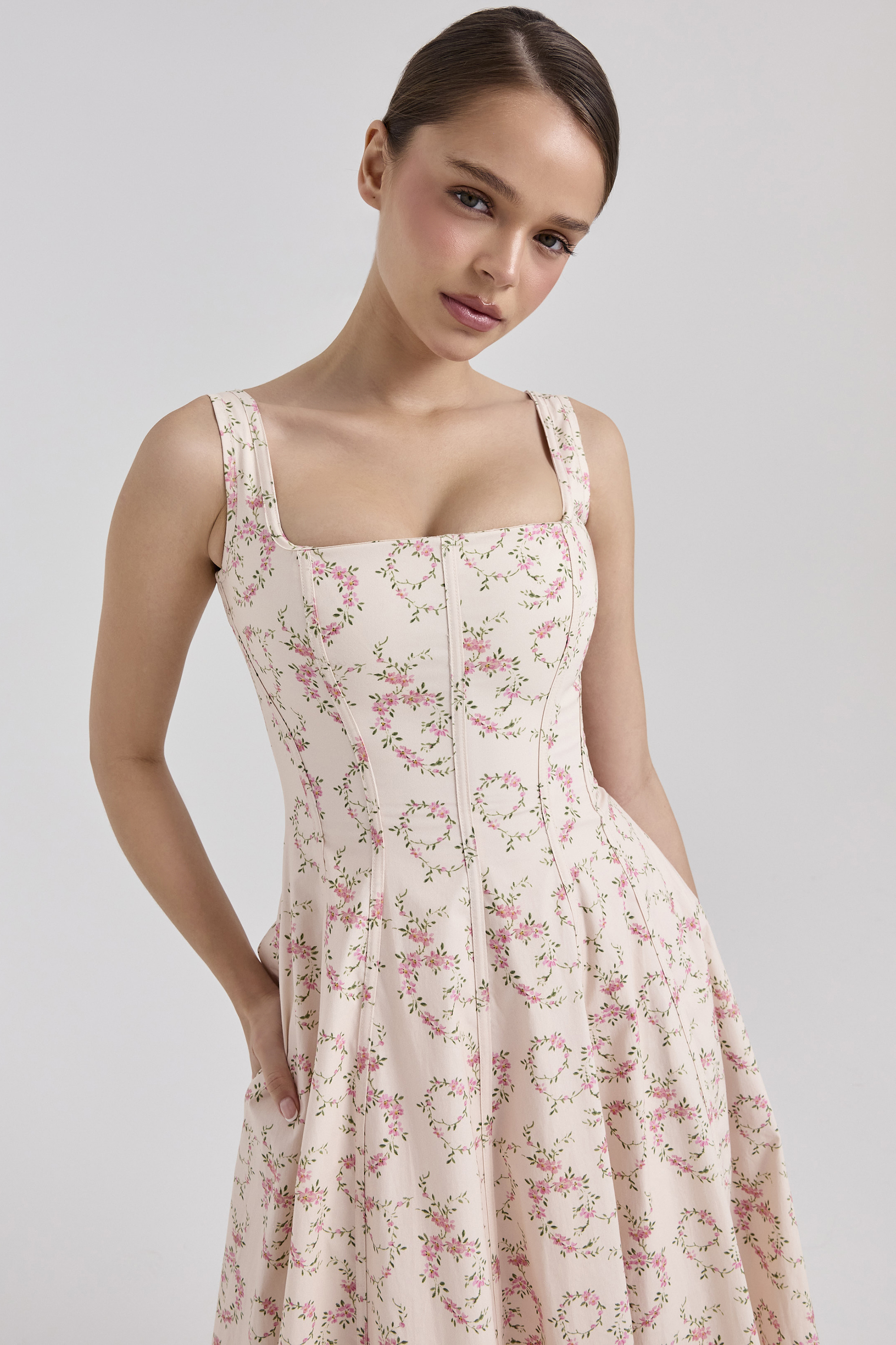 Mariabella Cream Floral Print Cotton Midi Sun Dress