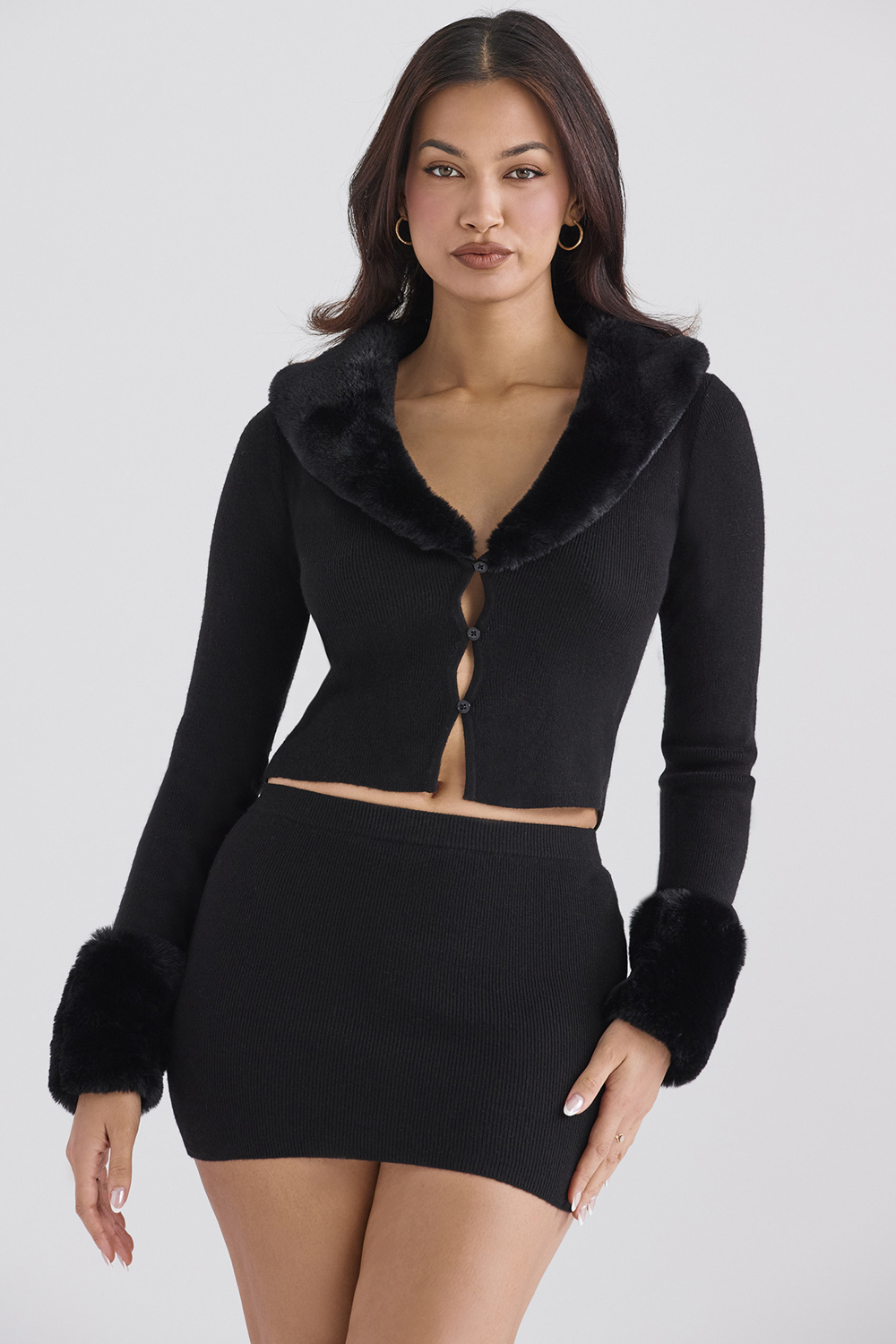 Blanche Black Faux Fur Trim Cardigan - SALE