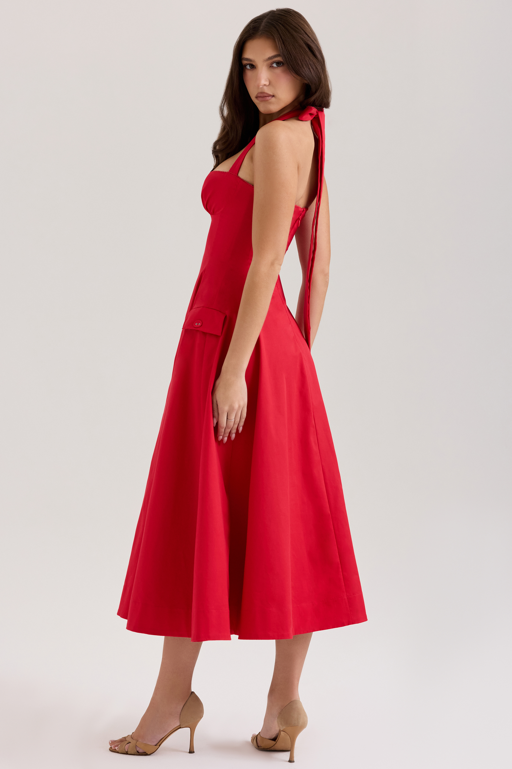 Claudia Red Stretch Cotton Button Halter Neck Midi Dress