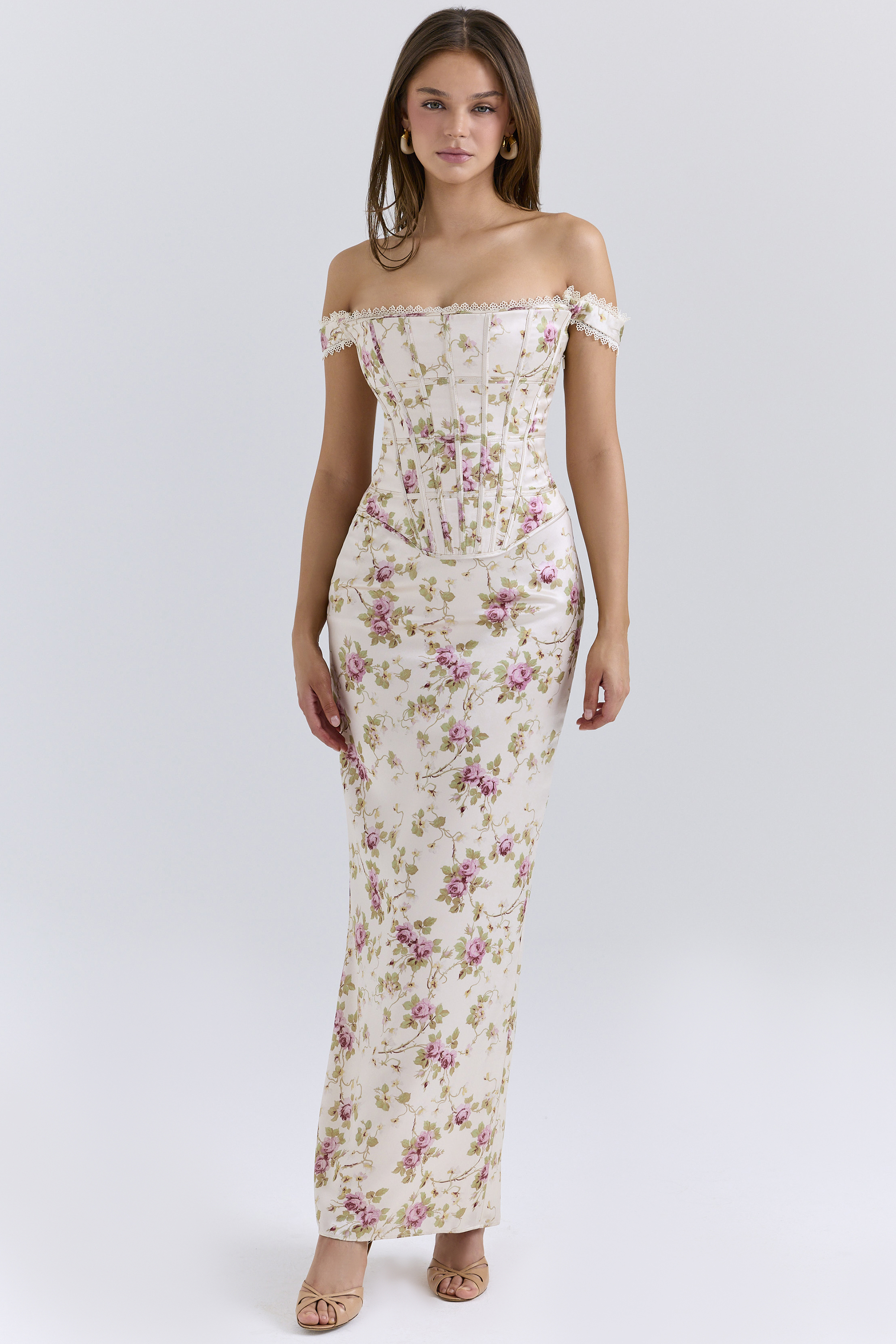 Isis Vintage Cream Floral Print Corset Maxi Dress